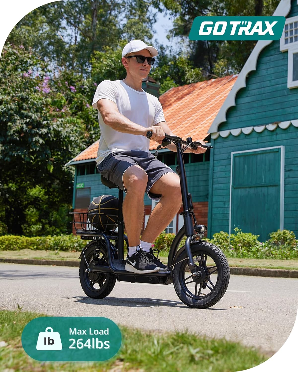 Gotrax adult electric scooter with seat, maximum range of 19-25 miles, all-terrain tires, wide pedals, padded seat, and carrycot
