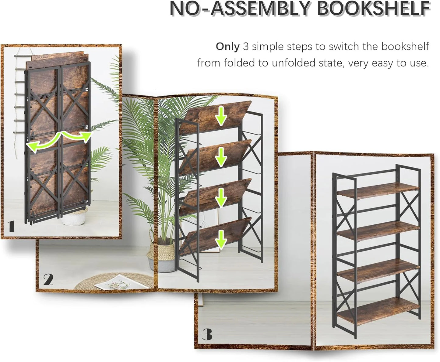 5 Tiers No Assembly Book Shelves 51.2" H Folding Bookshelf Bookcase