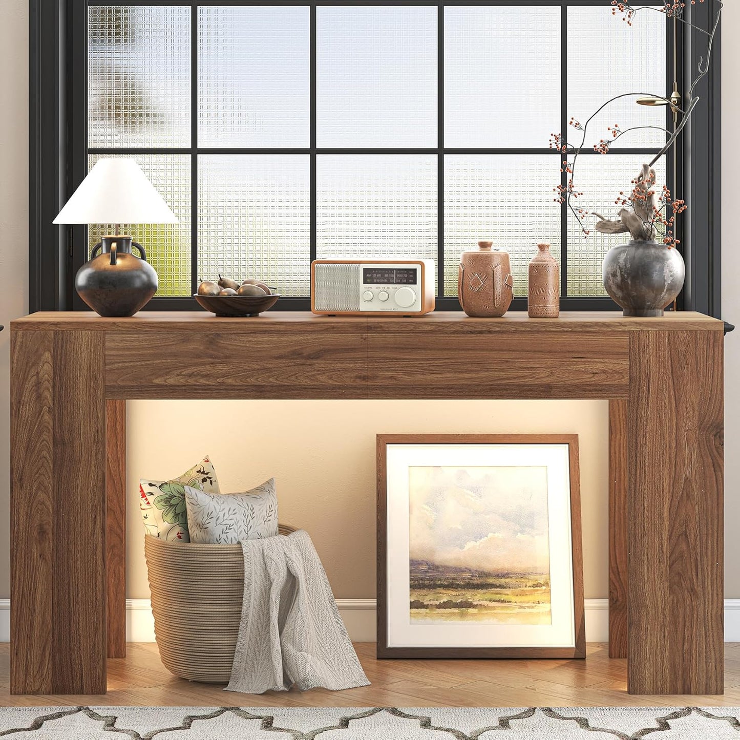 63-Inch Long Console Table with LED Light Farmhouse Sofa Table Behind Couch