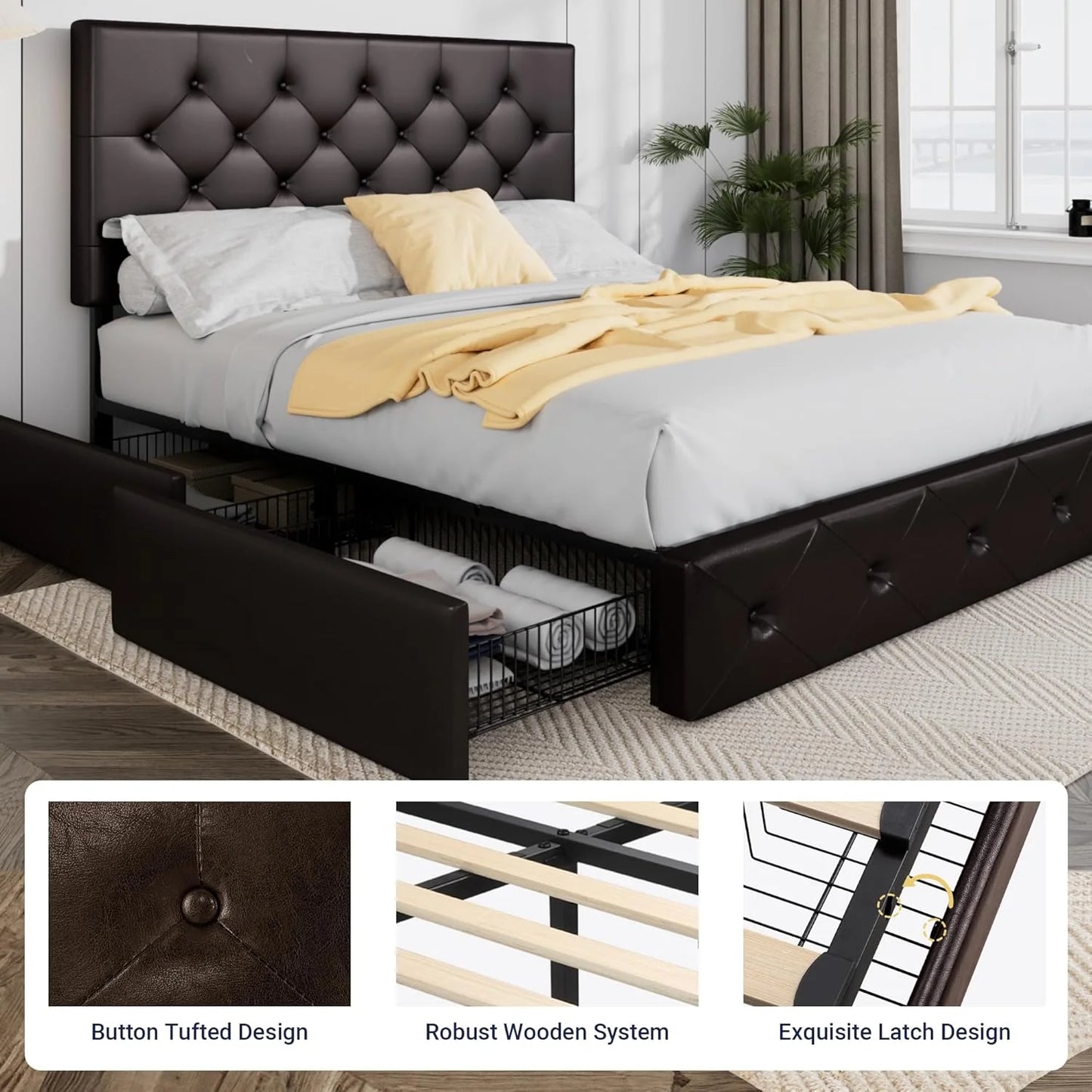 Allewie Upholstered Queen Size Platform Bed Frame with 4 Storage Drawers and Headboard, Square Stitched Button Tufted, Mattress Foundation with Wooden Slats Support, No Box Spring Needed