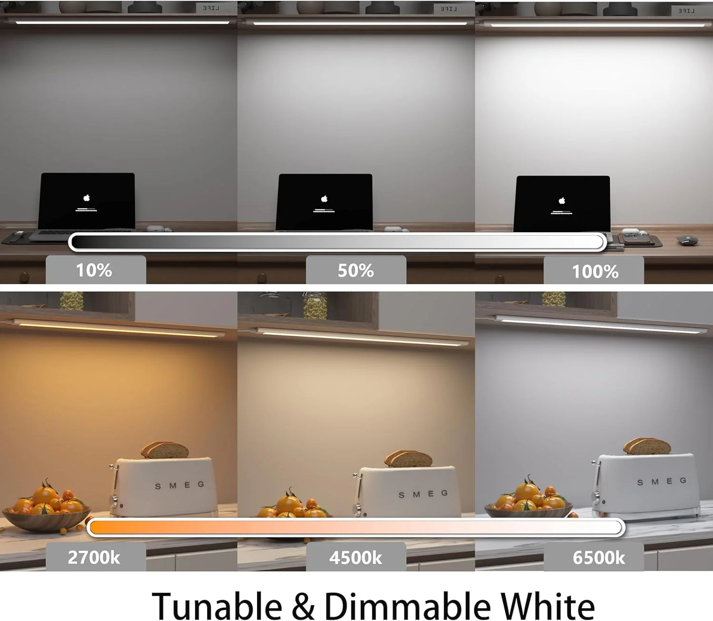 Smart under-cabinet lighting strip, white and color-changing dimmable