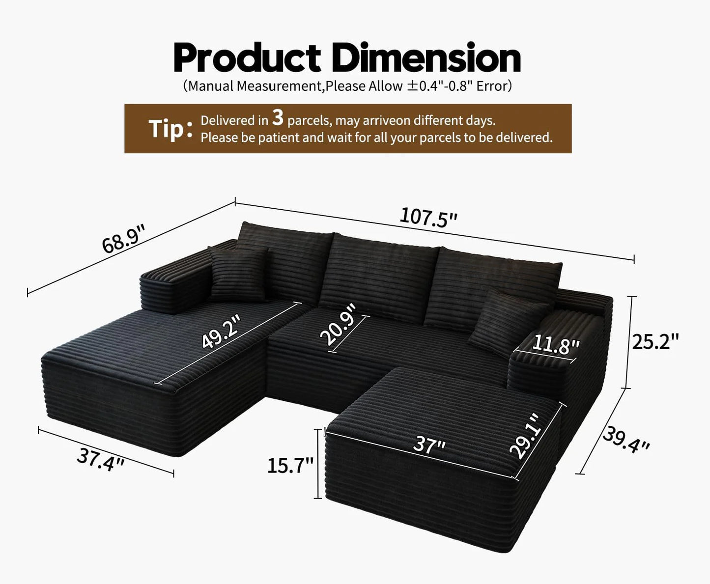 107.5 inch Cloud Modular Sectional Sofa with L-Shaped Chaise Lounge, Modern Minimalist Upholstered Sofa Deep Seating Corner Sofa