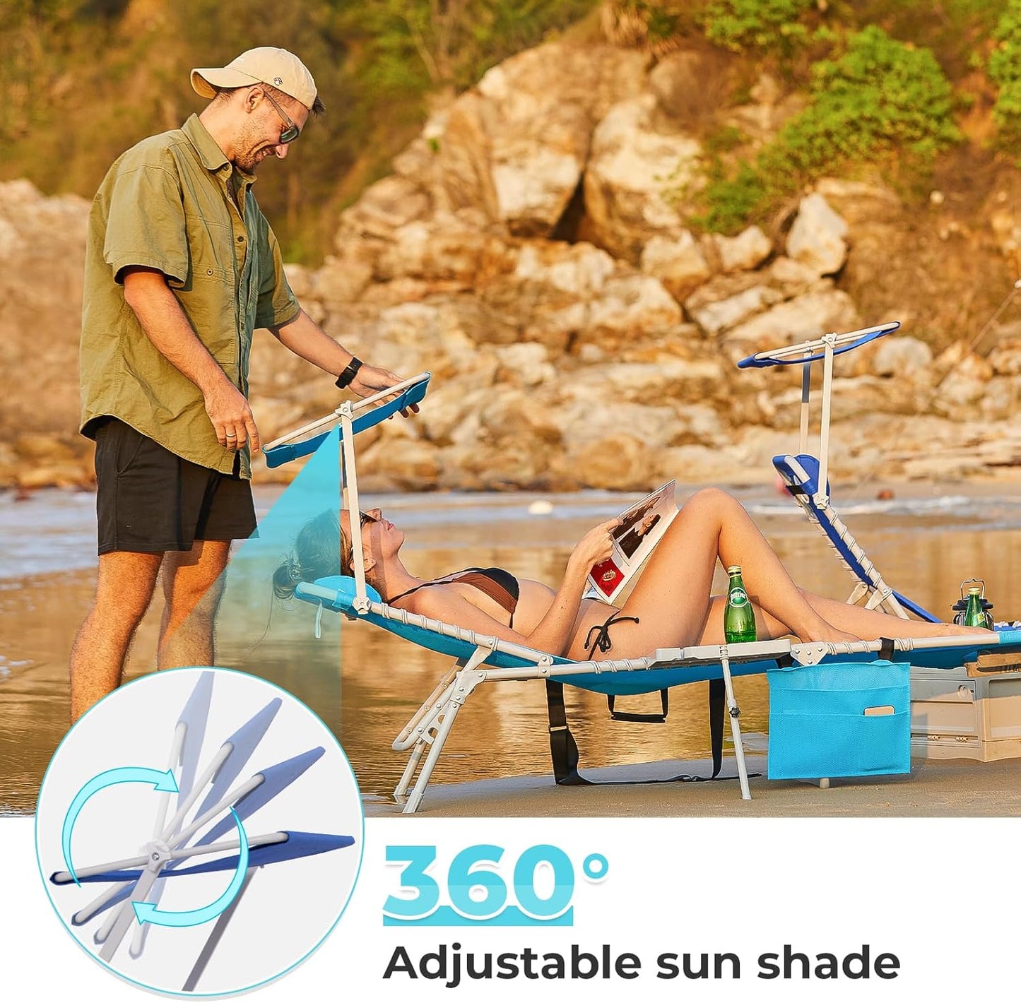 2 Pack Outdoor Chaise Lounge Chair - Portable Folding Patio Pool Lounge Chair, 5 Positions Adjustable Reclining Camping Chair with Side Table,Shoulder Strap, Pillow for Beach Sunbathing Lawn