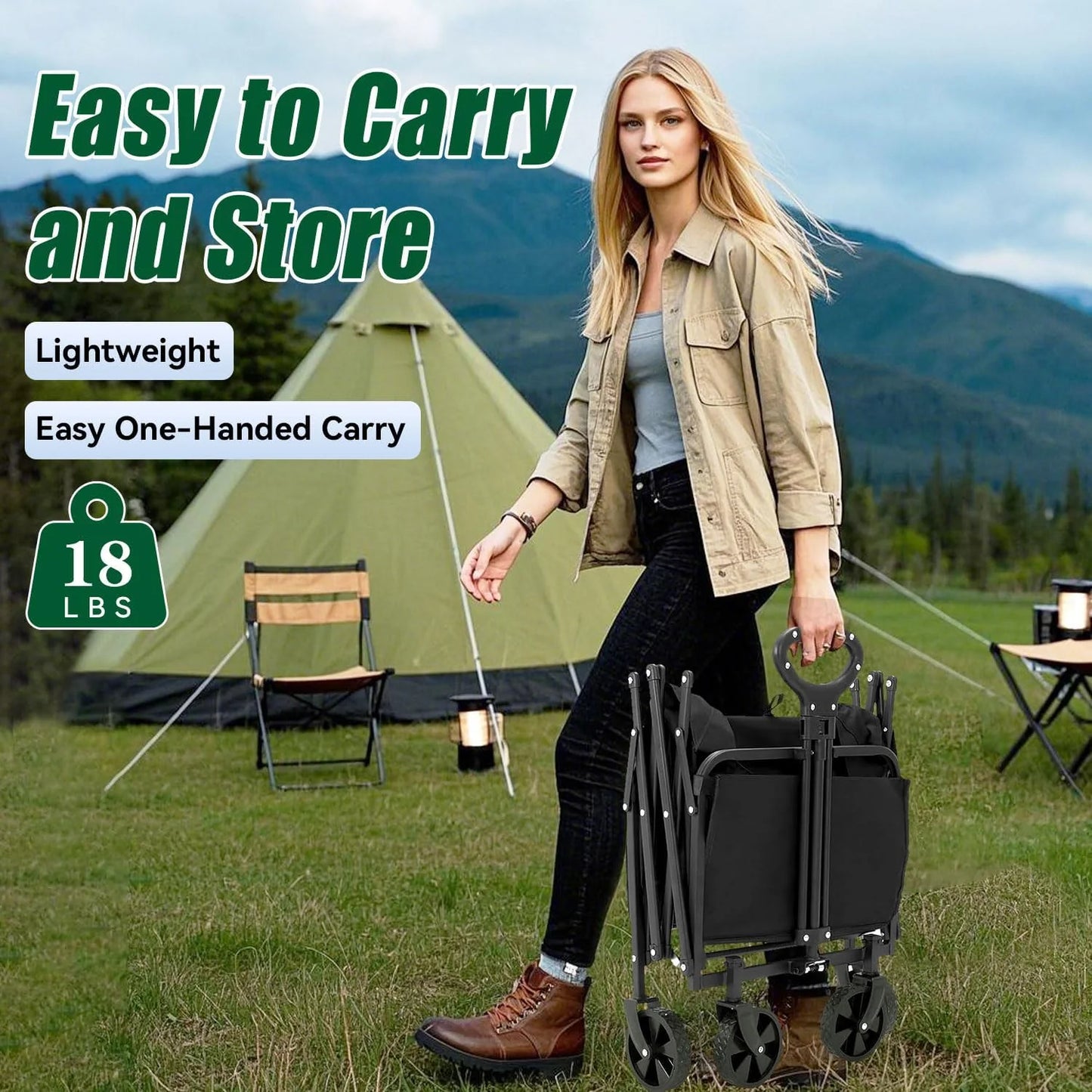 Foldable 4-wheel cart, foldable, 37 inches long, 480 lb capacity, heavy-duty beach cart, shopping cart with wheels