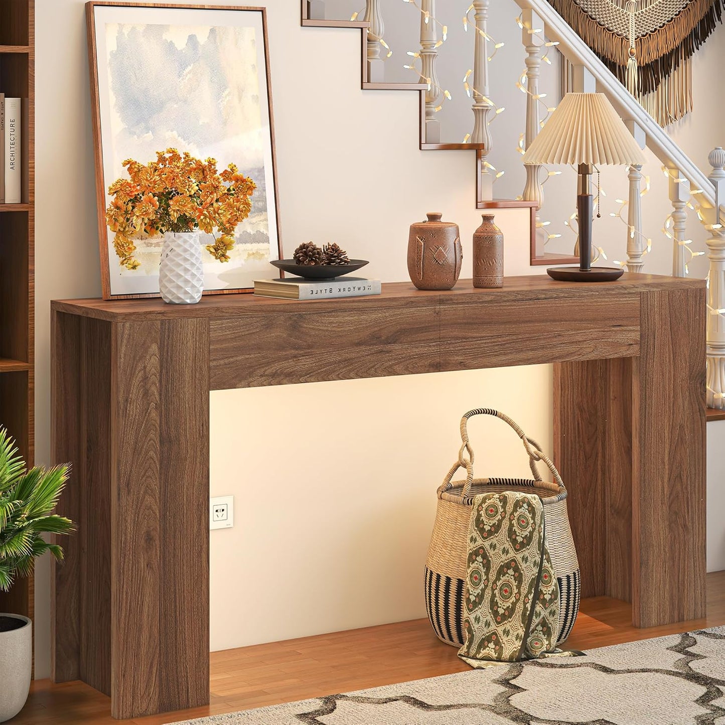 63-Inch Long Console Table with LED Light Farmhouse Sofa Table Behind Couch