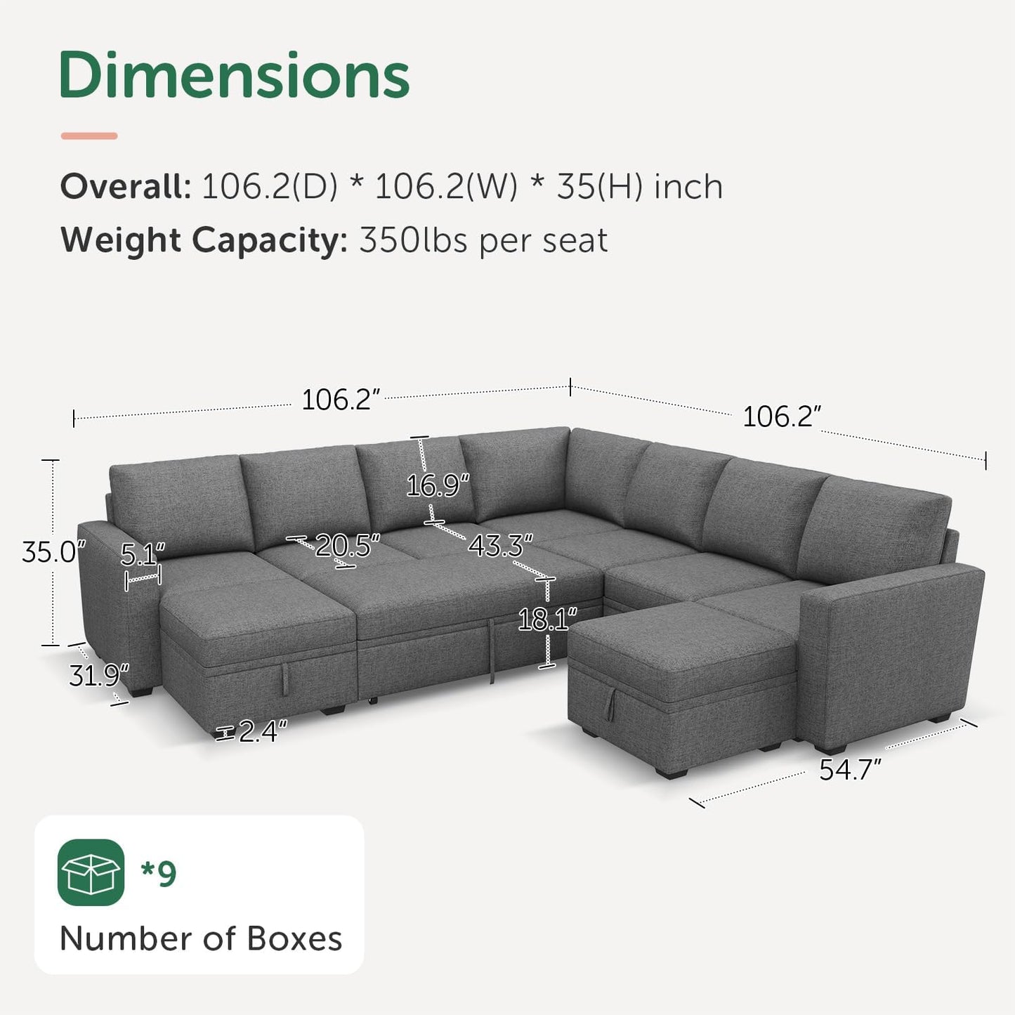 HONBAY Modular Sectional Sleeper Sofa with Pull Out Bed, L Shaped Couch with Storage Seat, Convertible Sectional Couches for Living Room