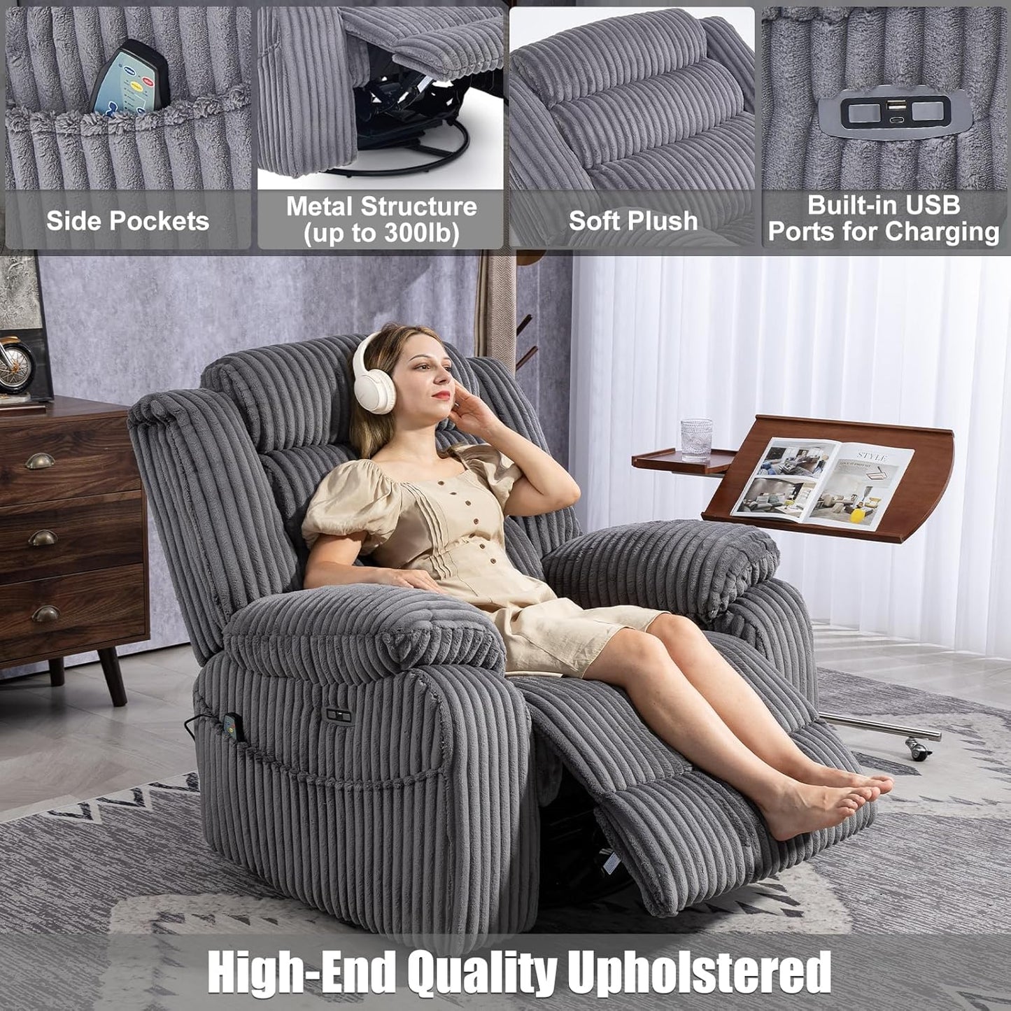 Electric rotary rocker lounge chair for adults with massage and calories, USB and C charging ports