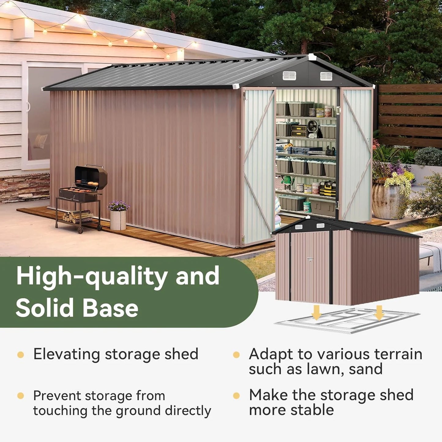 Aoxun 6.2x4 FT Shed Outdoor Storage Shed Metal Garden Shed with Lockable Doors & Slooping Roof Tool Shed Bike Shed for Backyard, Patio, Poolside (Brown)
