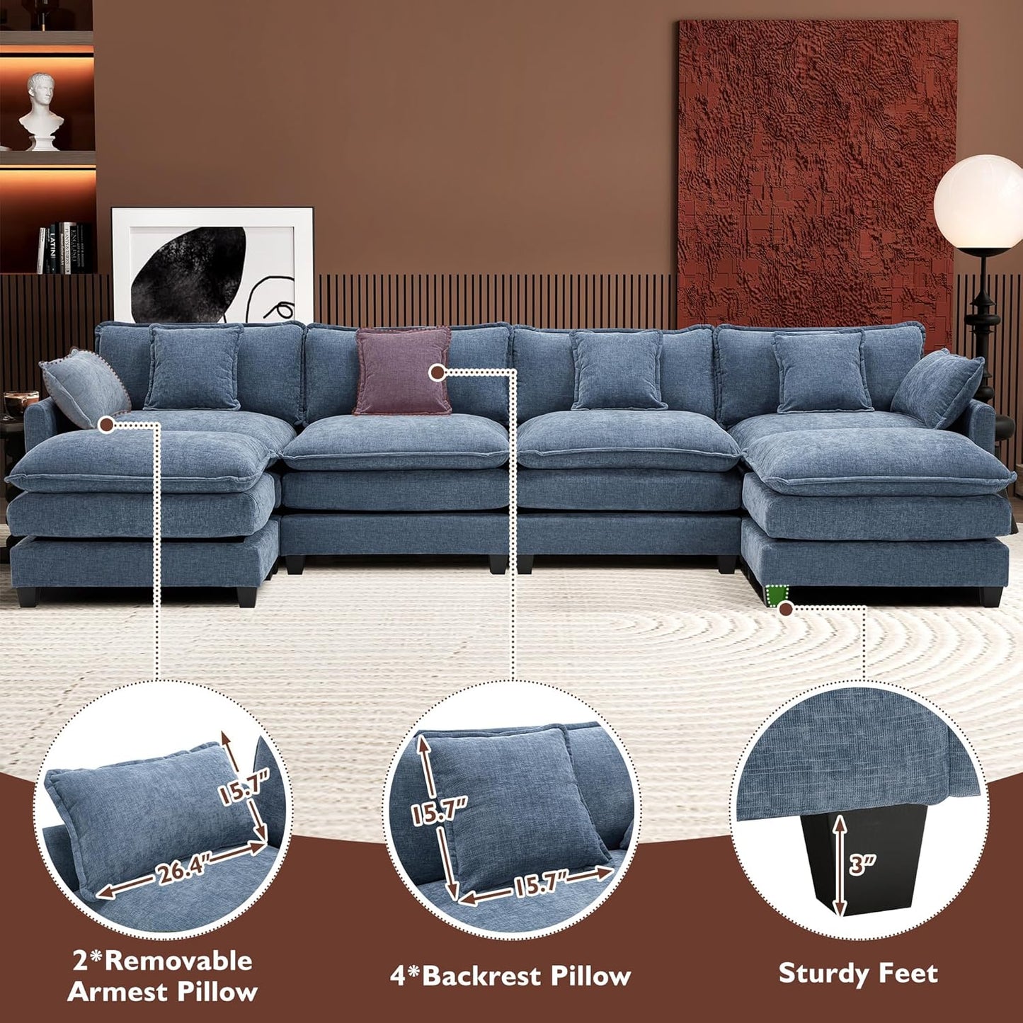 111.4 Inch L-Shaped Modern Sofa Modular Cloud Sofa with Ottoman, 4-Seater Chenille Deep Seat Sofa with Pillows for Living Room, Bedroom and Apartment, Beige