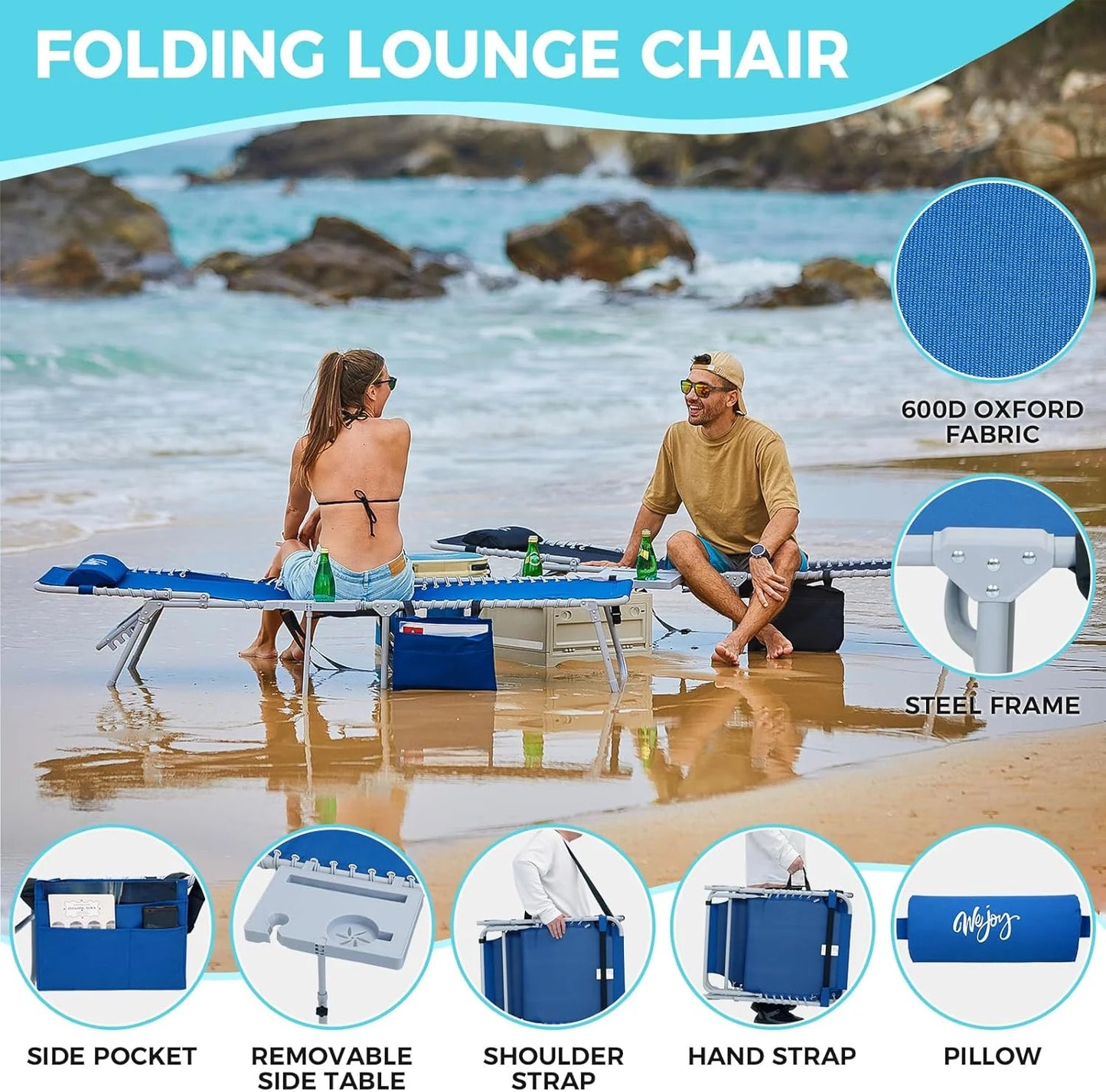 2 Pack Outdoor Chaise Lounge Chair - Portable Folding Patio Pool Lounge Chair, 5 Positions Adjustable Reclining Camping Chair with Side Table,Shoulder Strap, Pillow for Beach Sunbathing Lawn