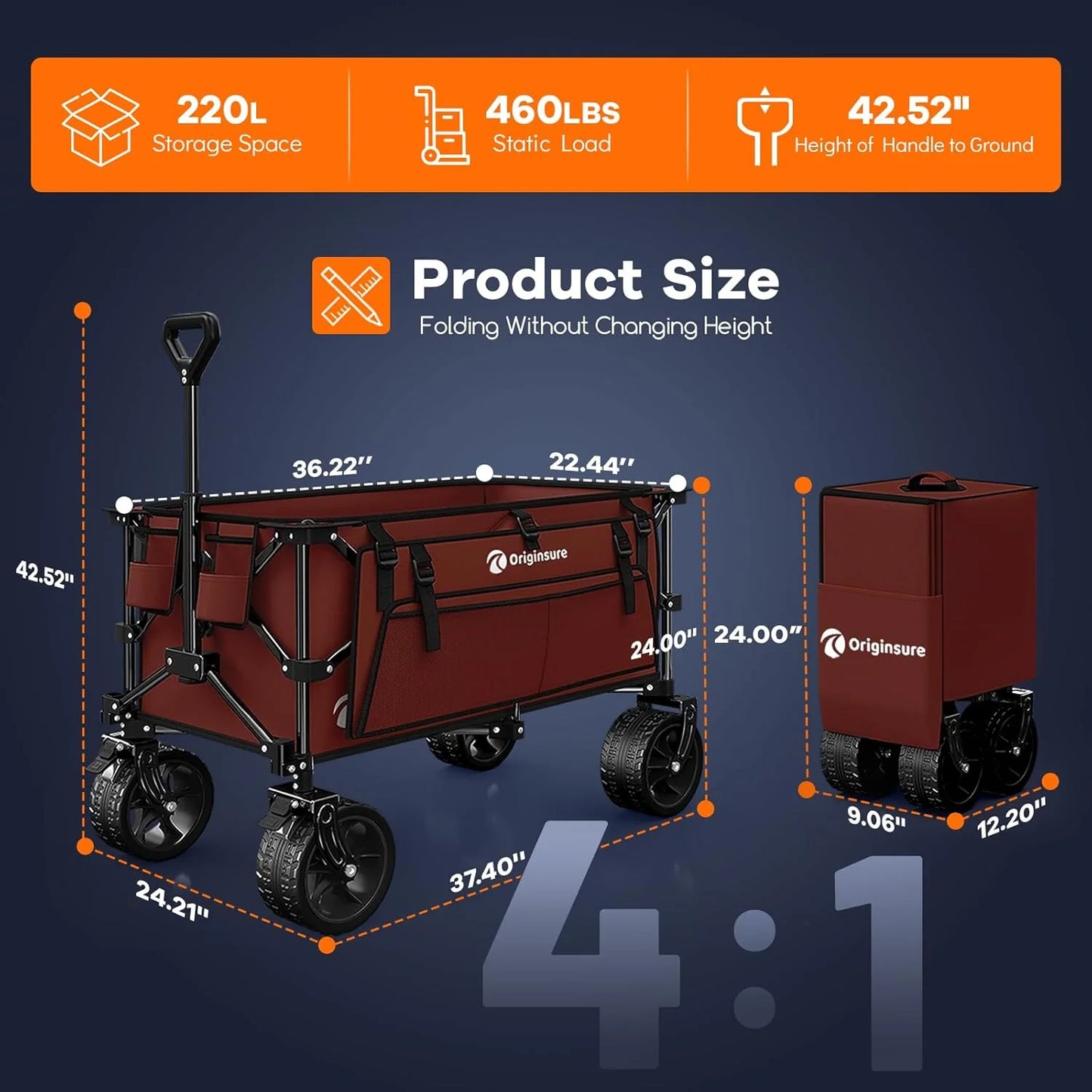 38" long foldable four-wheel stroller, foldable, 460 lb capacity, 220 liter heavy-duty folding beach stroller with large all-terrain tires