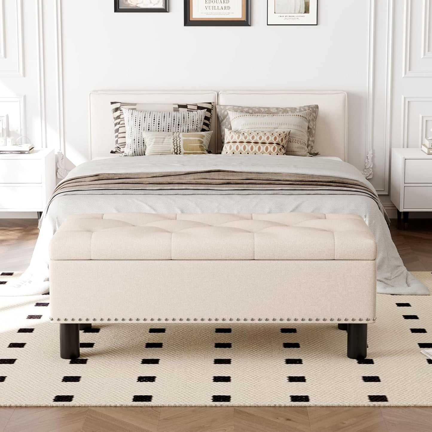 Furniliving Modern Storage Ottoman Bench, Sherpa Ottoman End of Bed Bench with Solid Wood Legs Upholstered Ottoman Benches with Storage Indoor Bench