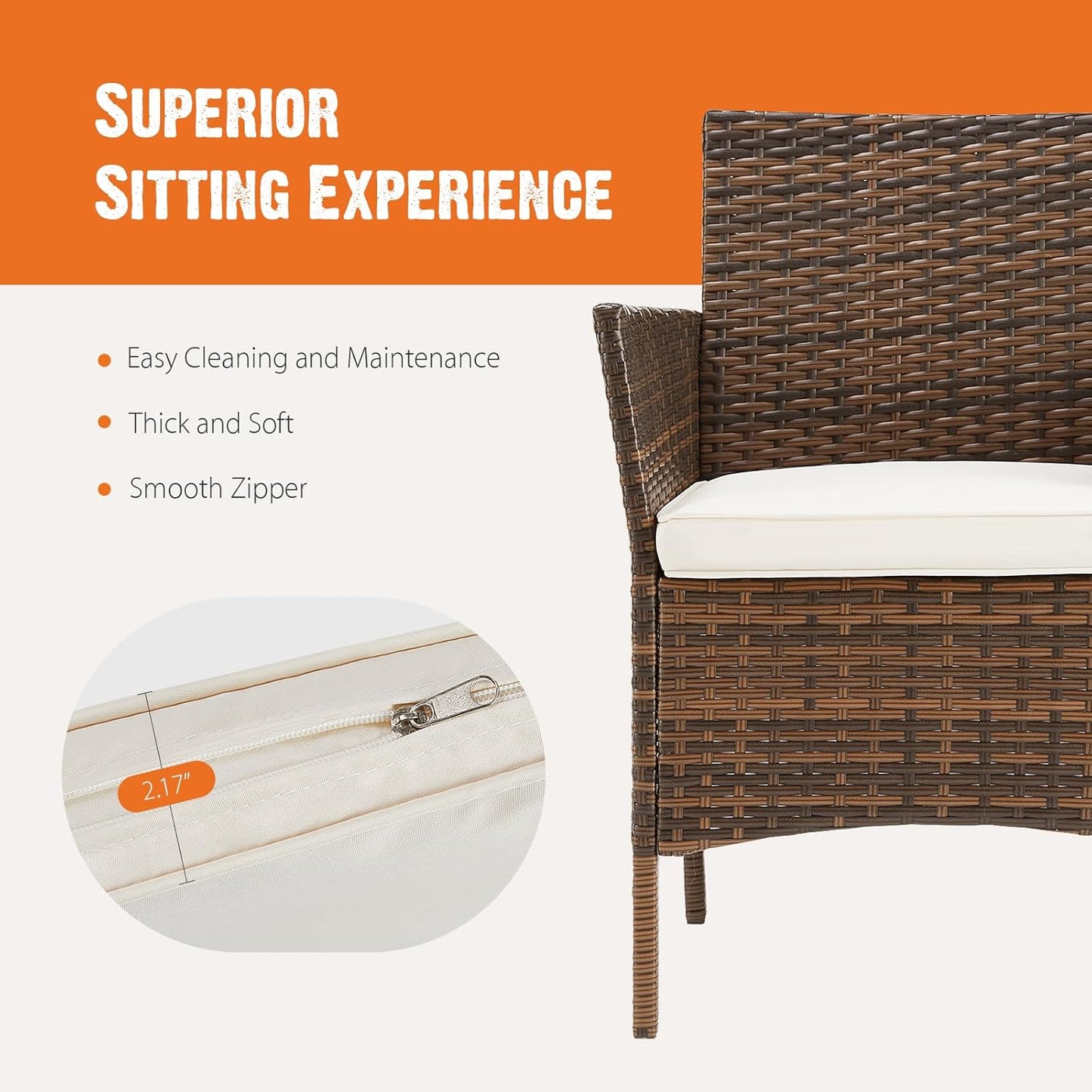 Sweetcripy Patio Furniture Set 3 Pieces, Outdoor Furniture with Soft Cushion and Glass Table, All Weather Manual Weaving Wicker Rattan Patio Chairs for Garden, Terrace, Porch(Black and Beige)