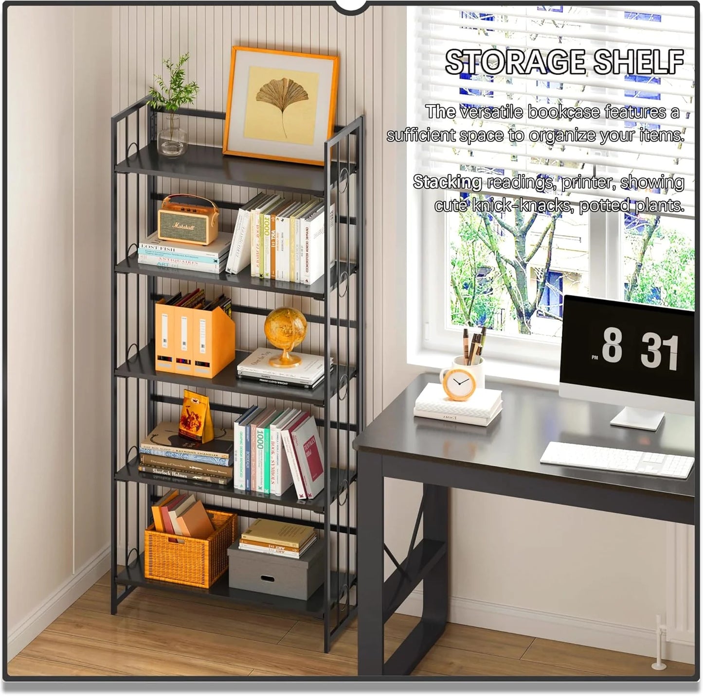 5 Tiers No Assembly Book Shelves 51.2" H Folding Bookshelf Bookcase