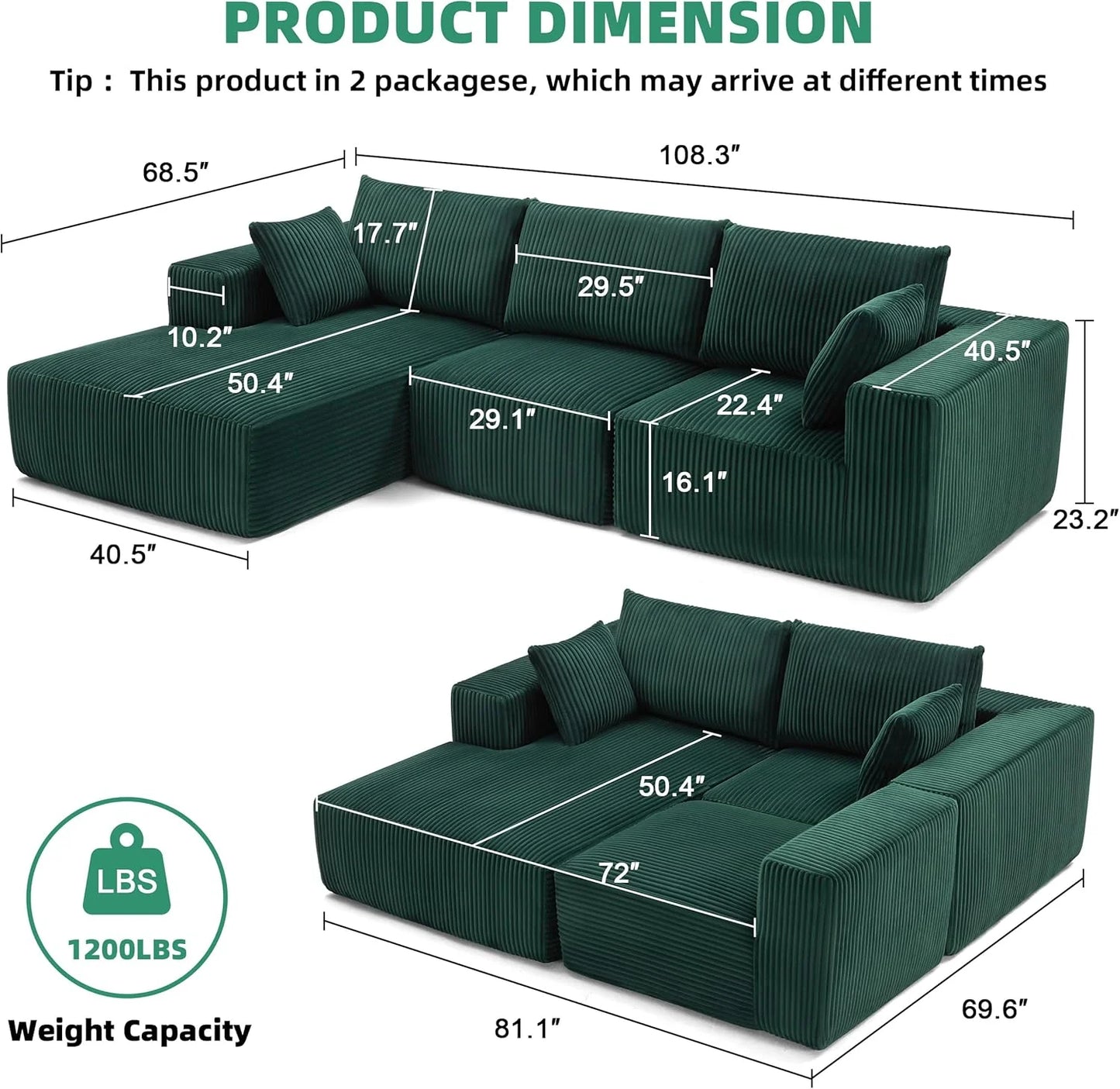 108-inch modular sofa, cloud modular sofa, with deep seat and reclining chair, upholstered sofa