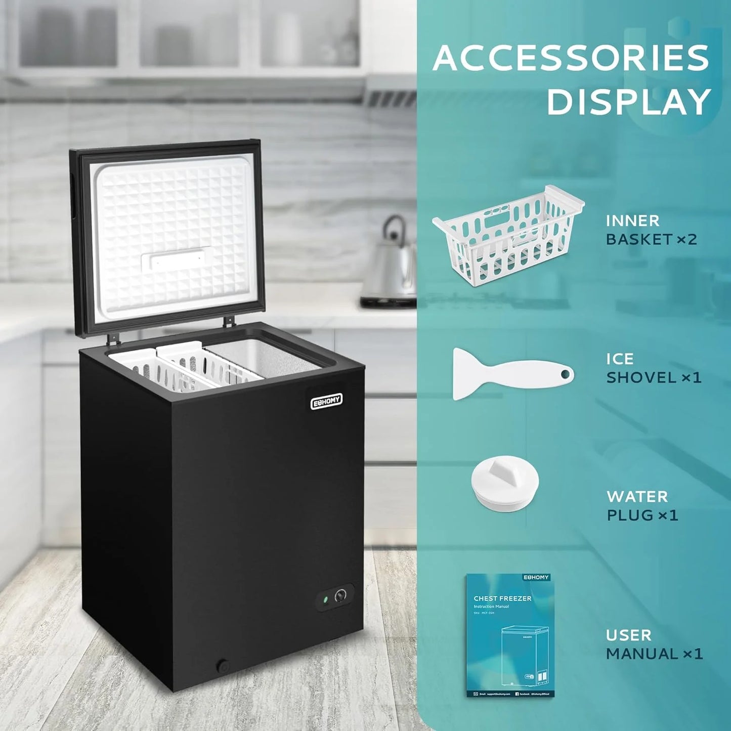 EUHOMY 3.5 Cu.Ft Chest Freezer with Removable Basket, Small Deep Freezer Adjustable 7 Thermostat, Quiet Mini Freezer Free-Standing Top Door, Energy Saving for Apartment/Garage/Basement/Dorm/Home,Black