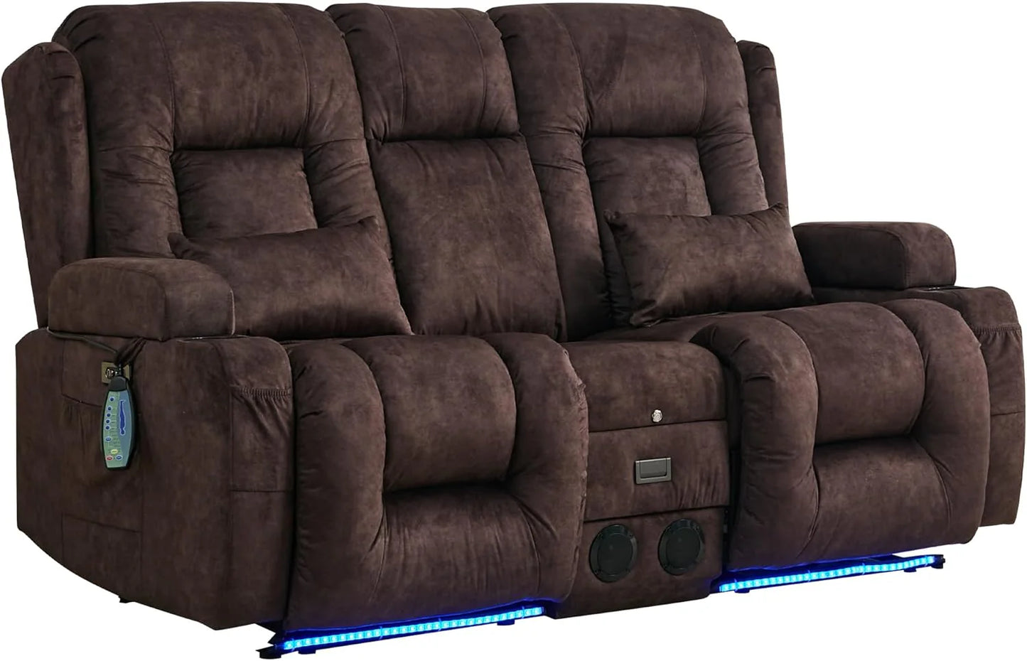 TUNYI Power Loveseat Recliner Sofa with Massage & Heat Home Theater Seating with Console Electric Recliner RV Sofa with USB/Outlet/Storage/Side Pocket/LED Light/Speaker (Brown, Loveseat)