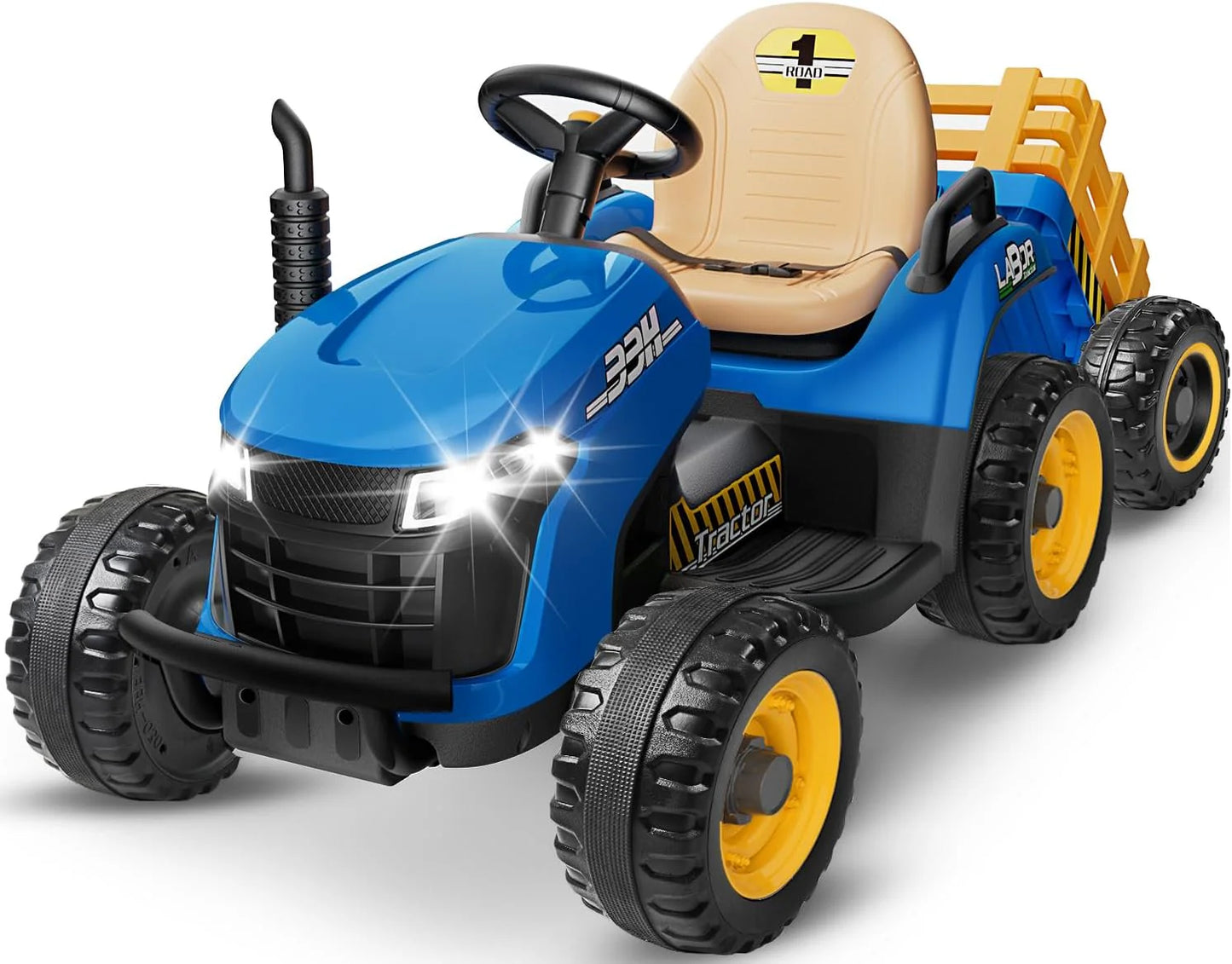 24V Ride On Tractor w/Tiltable & Detachable Trailer, 2x65W Motors, EVA Tires, Remote Control, Bluetooth, Shifter, Music, Electric Car for Kids, Green
