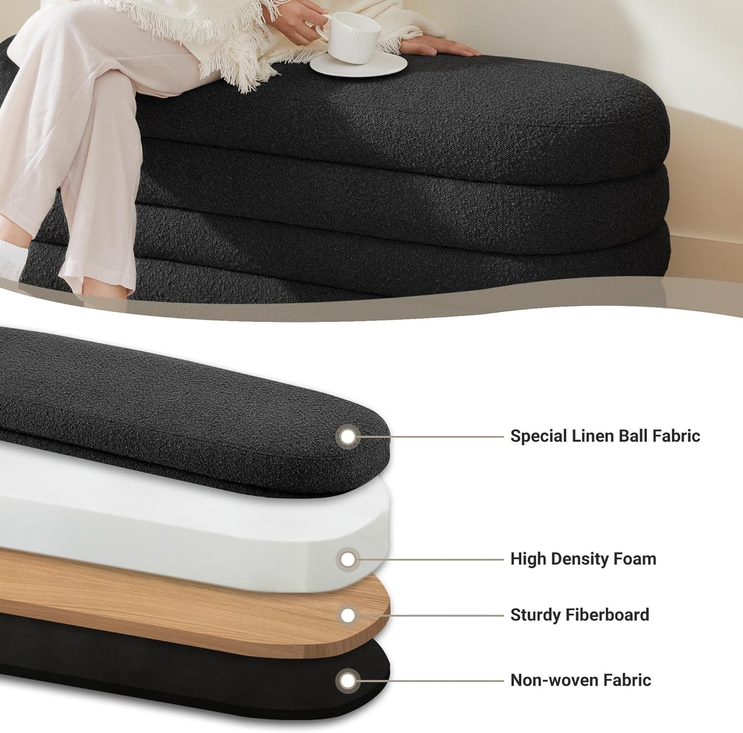 Storage Ottoman Bench 49.2 Inch Upholstered Fabric Storage Bench