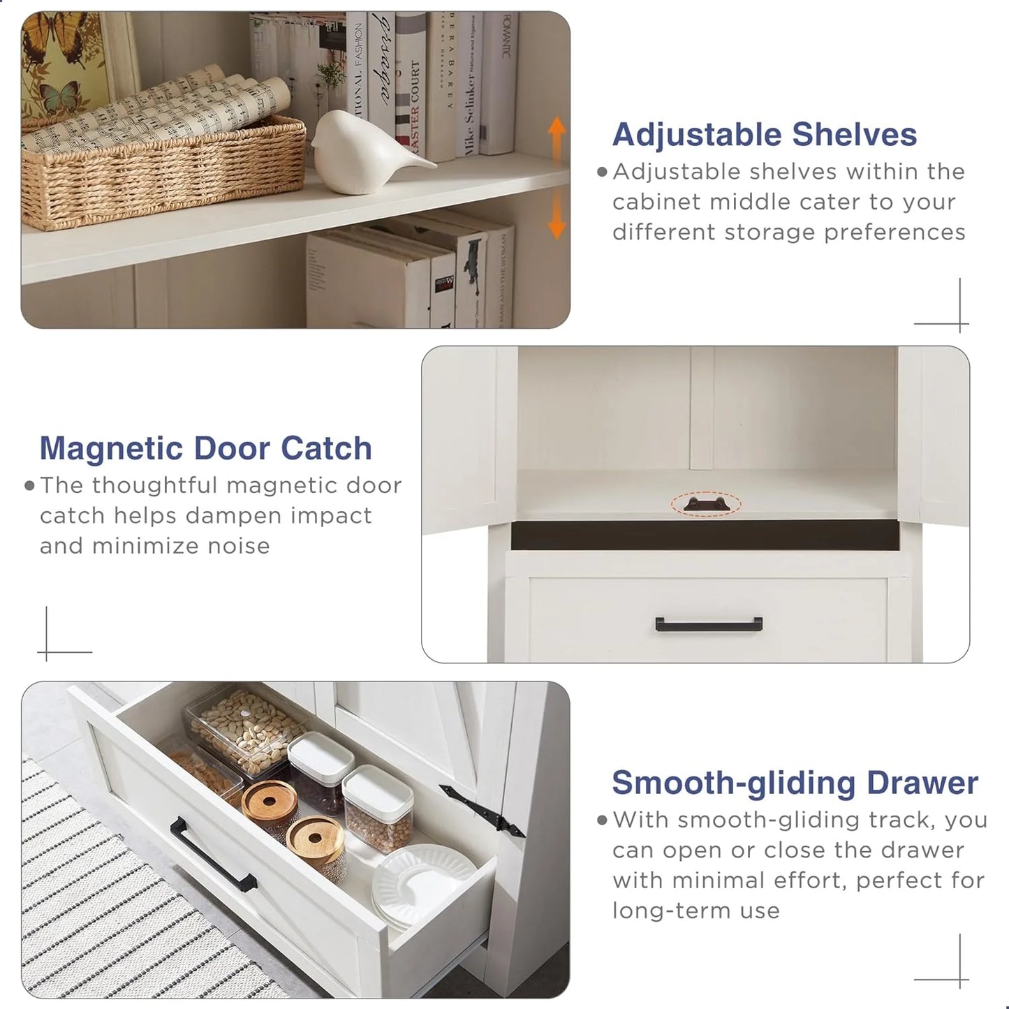 JXQTLINGMU Farmhouse Kitchen Pantry - 72" Tall Wood Kitchen Storage Cabinet with Adjustable Shelves and 2 Barn-Style Doors and Drawers