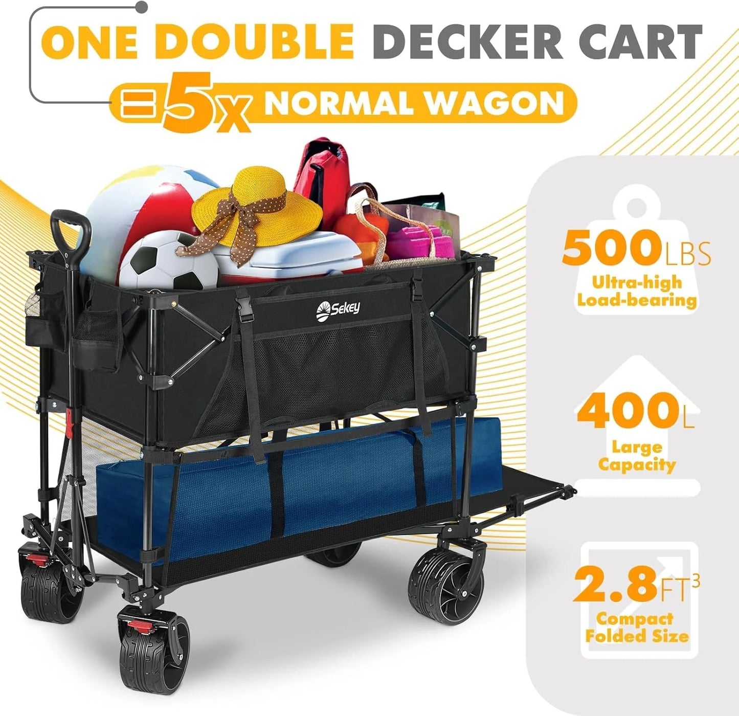 400L Large Capacity Folding Double Decker Wagon with Brakes, 50" Extra Long Extender Cart, 500lbs Heavy Duty Collapsible Wagons