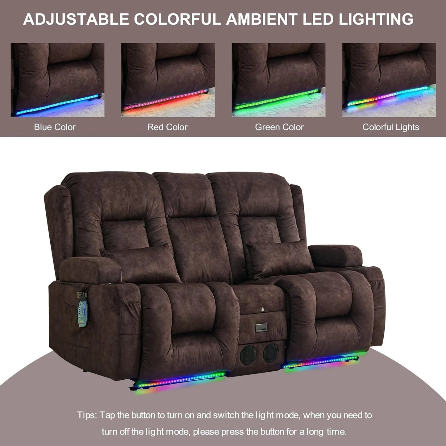 TUNYI Power Loveseat Recliner Sofa with Massage & Heat Home Theater Seating with Console Electric Recliner RV Sofa with USB/Outlet/Storage/Side Pocket/LED Light/Speaker (Brown, Loveseat)