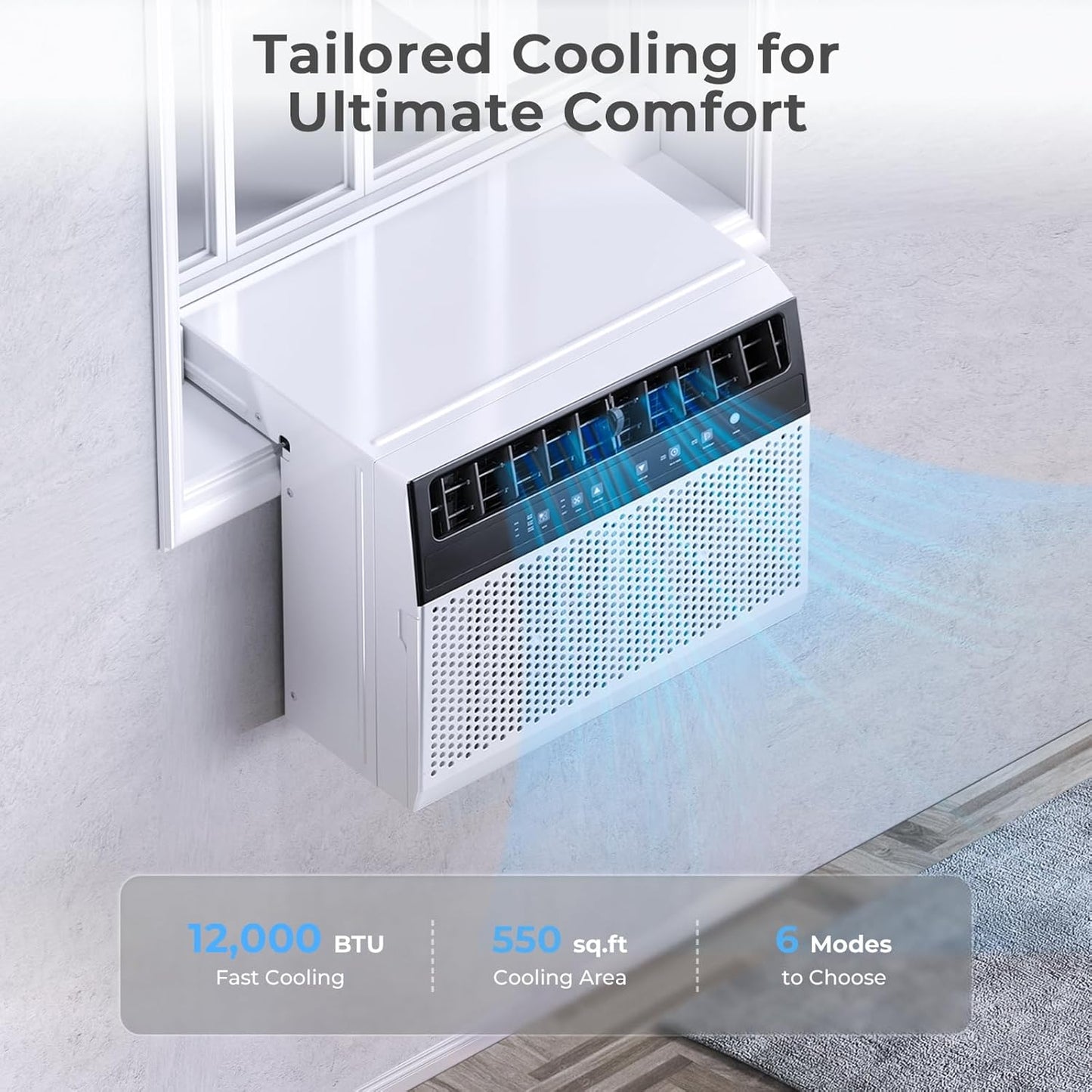 U-Shaped Window Air Conditioner, 12000BTU Window AC Unit, Cools up to 550 sq. ft., 6 Modes, Saddle Shape Window AC Unit, Full Window View, Energy Efficient