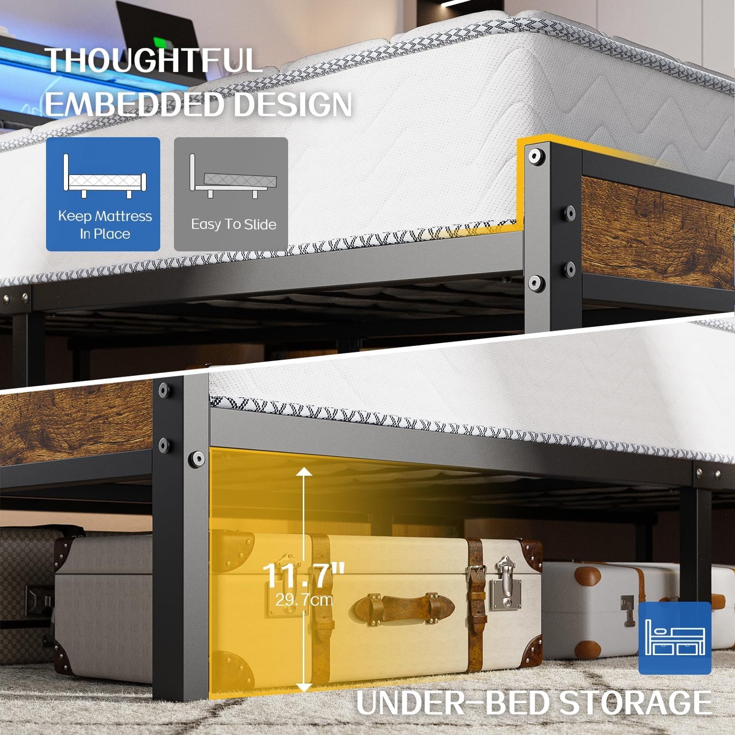 Queen Size Bed Frame with 2-Tier Storage Shelves Headboard, Platform Bed with Charging Station, LED Lights No Box Spring Needed Noise Free