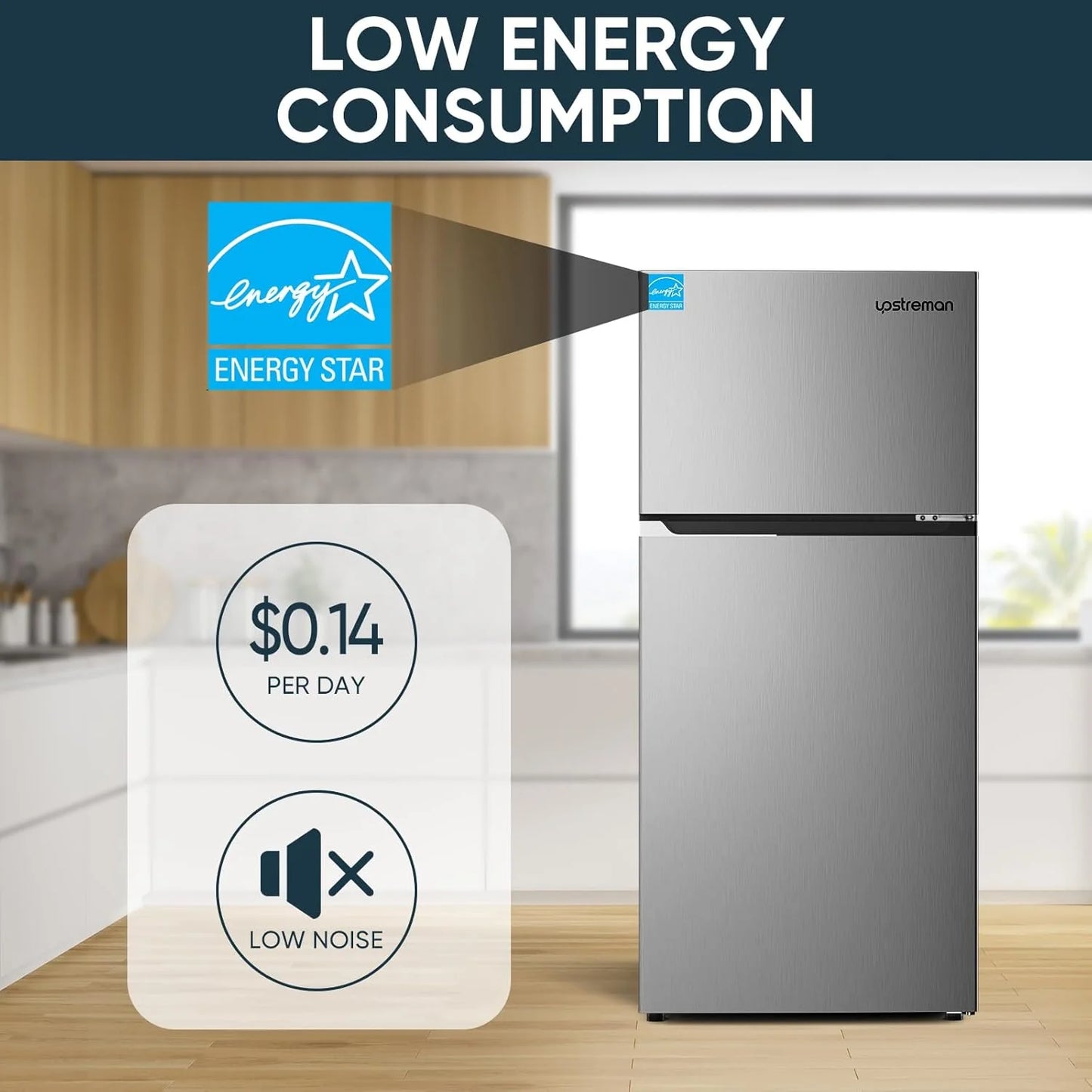 Upstreman 7.7 Cu.Ft. Refrigerator with Freezer, Double Door, Adjustable Thermostat, Large Capacity, Reversible Door Swing, Refrigerator for Apartment, Office, Dorm, Stainless (BD75)