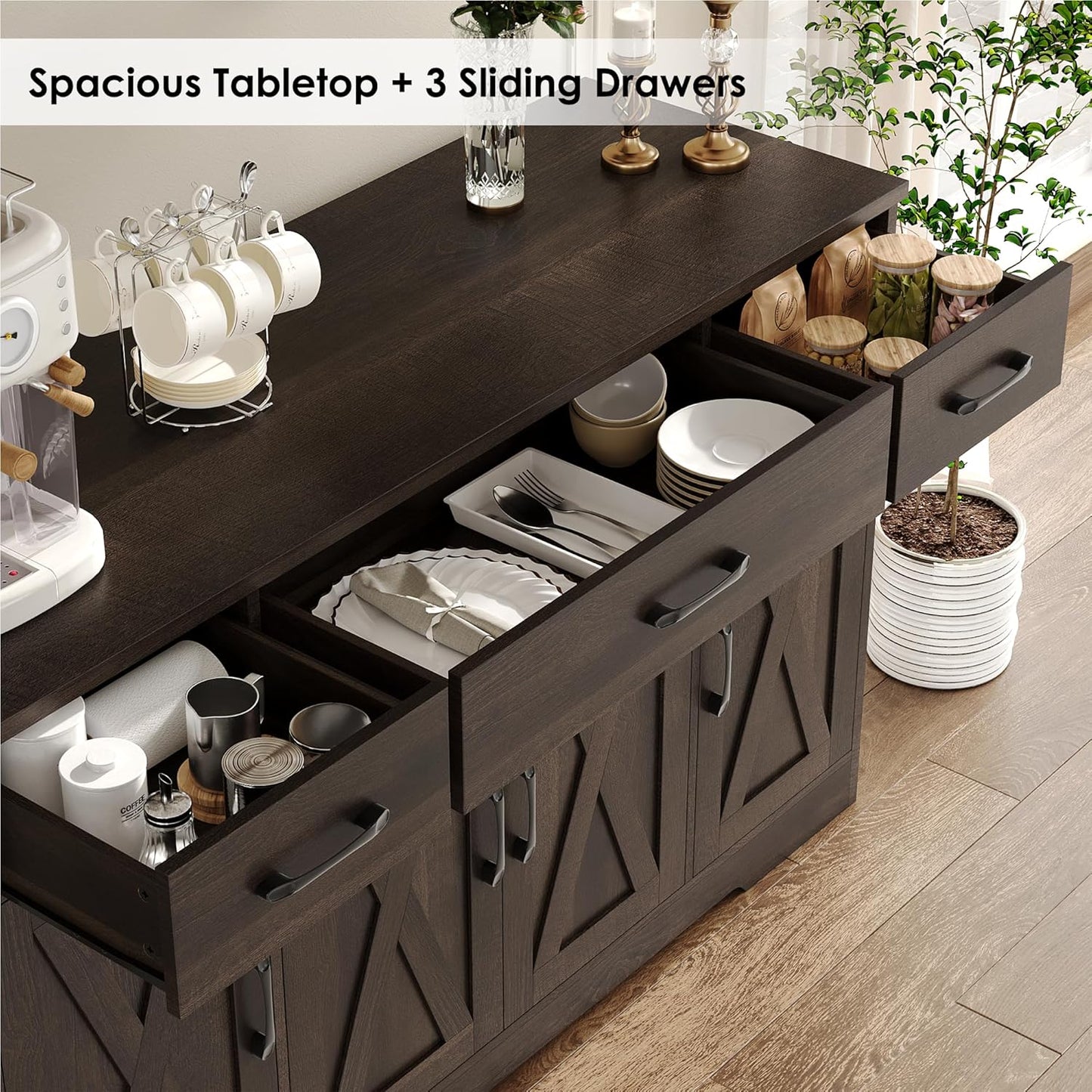 Sideboard with drawers, large 55-inch sideboard, sideboard storage with shelves and doors, modern farmhouse coffee bar wood kitchen dining table