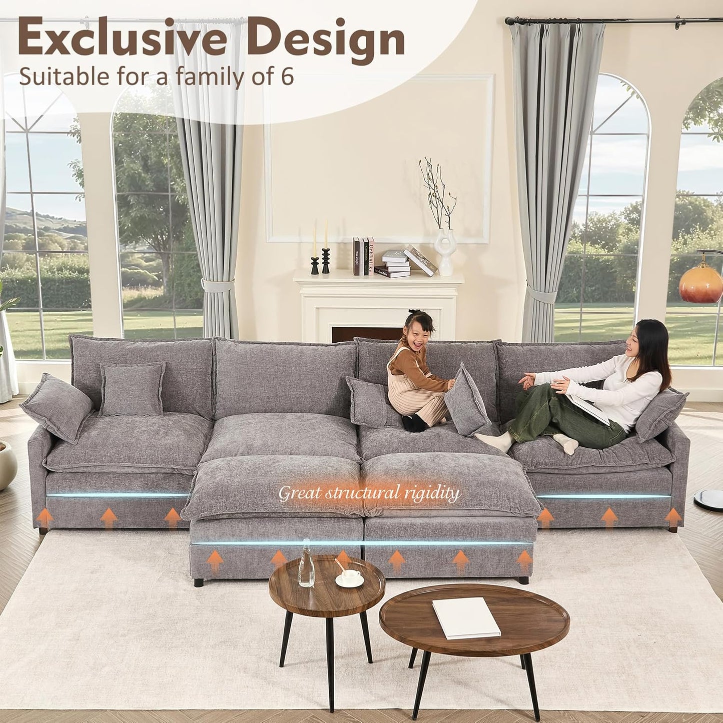 108 Inch U Shape Sofa, Sectional Sofa, Comfortable Cloud Sofa with Removable Footstool, Living Room Deep Seat Sofa, Linen, Beige