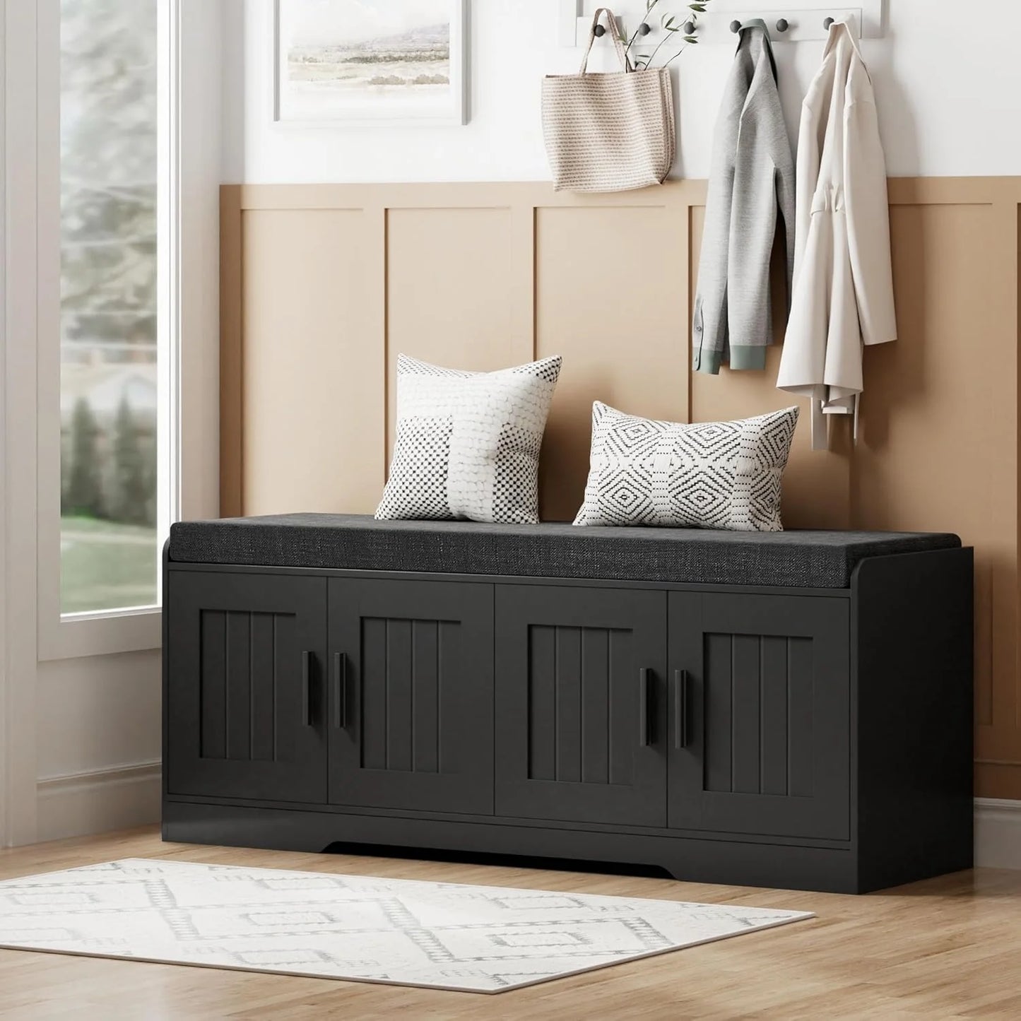 2-Tier Storage Bench, Shoe Bench with Thickened Padded Seat Cushion, Entryway Bench with 4 Doors, Adjustable Shelf