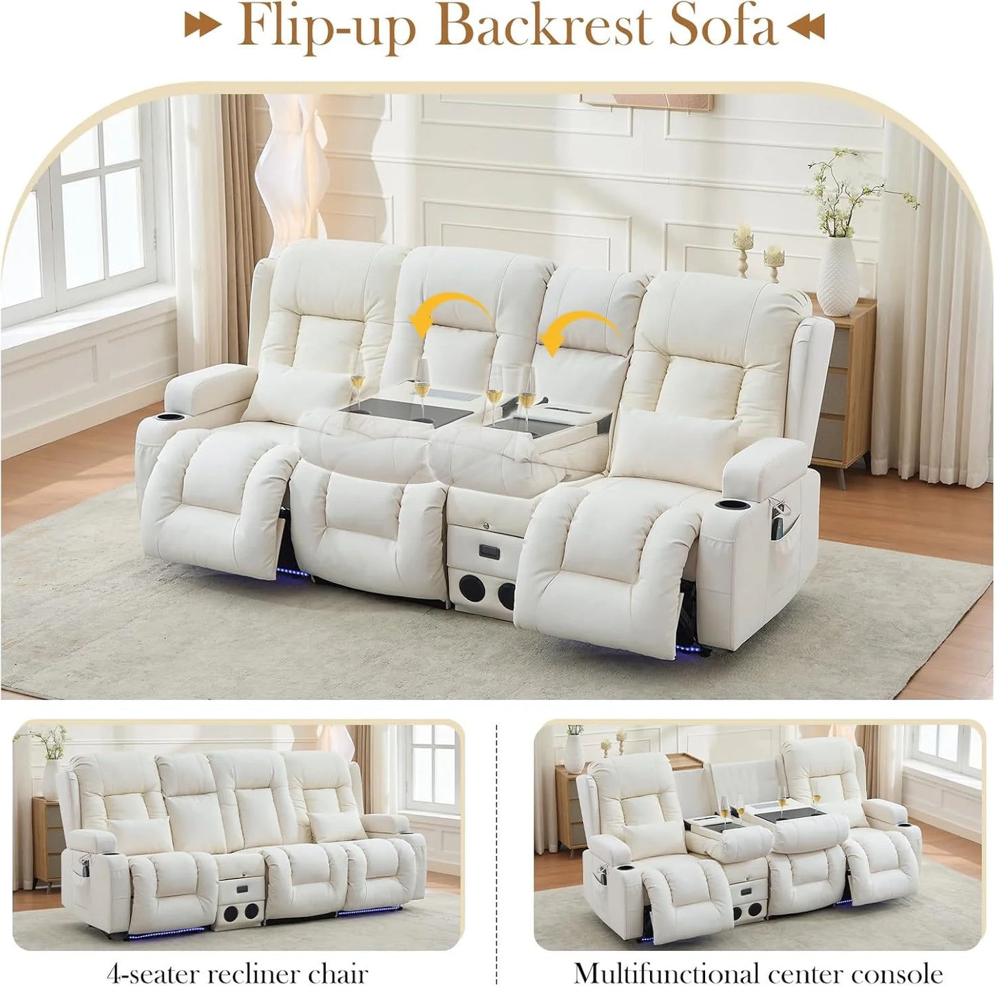 TUNYI Power Loveseat Recliner Sofa with Massage & Heat Home Theater Seating with Console Electric Recliner RV Sofa with USB/Outlet/Storage/Side Pocket/LED Light/Speaker (Brown, Loveseat)