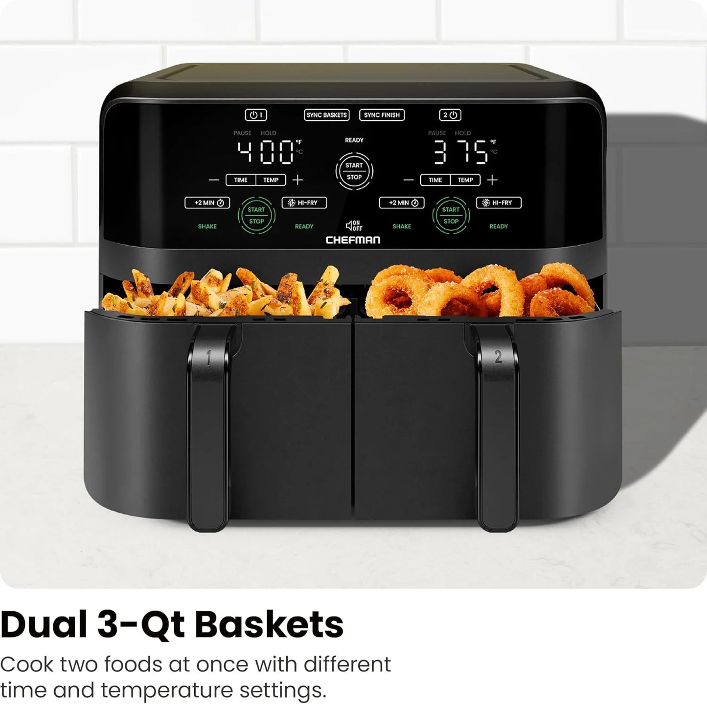 Chefman 6-Quart Dual Basket Air Fryer - Digital Touchscreen, Smart Sync Finish, High-Frying, Auto-Off, 2 Independent 3-Quart Nonstick Pans, Dishwasher-Safe Baskets