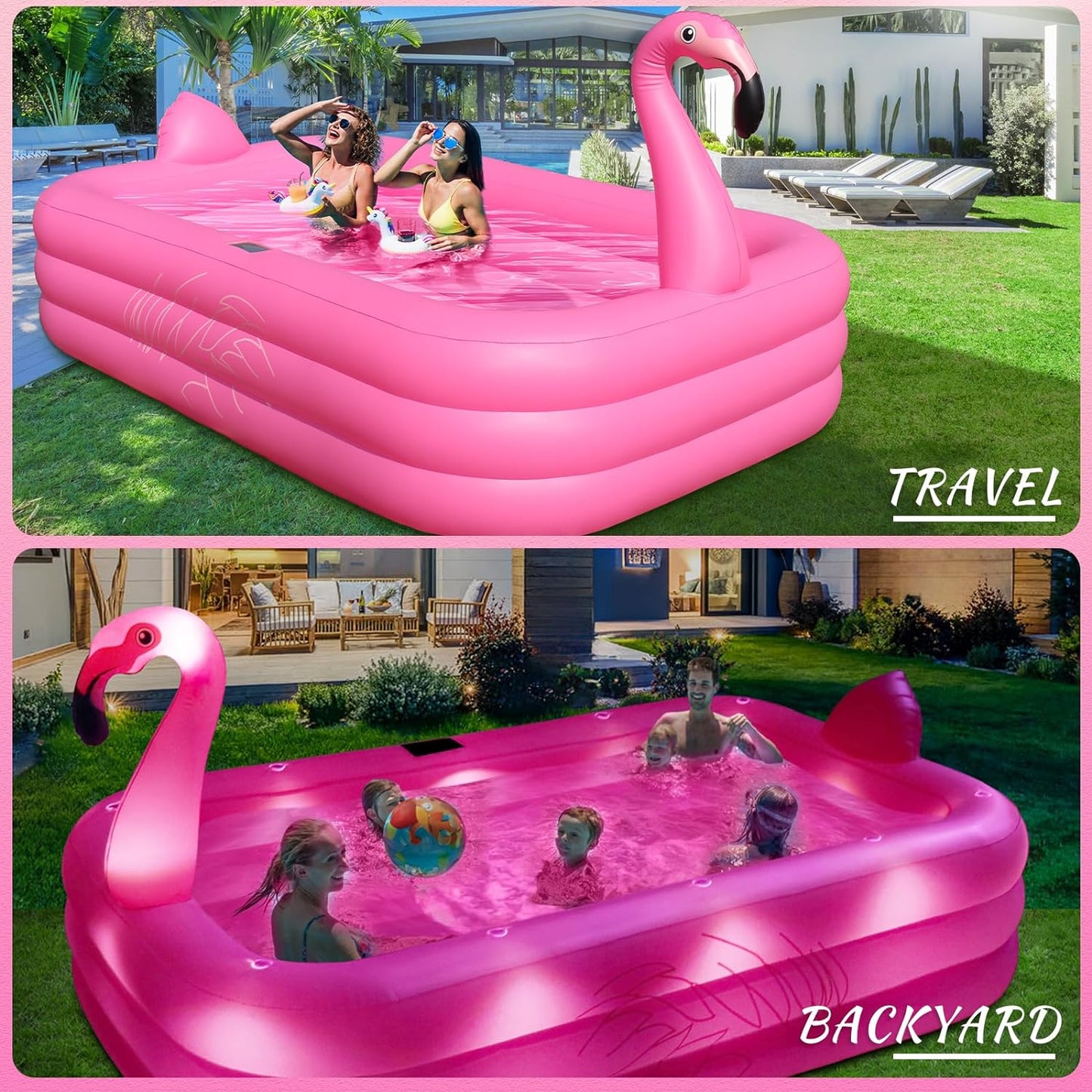 Inflatable Pool with Lights, Solar Flamingo Swimming Pool for Kids,Adults Inflatable Blow up Pool, Large Kiddie Pool, Durable Thickened Inflatable Family Pool for Backyard,Outdoor,105"x65"x25"