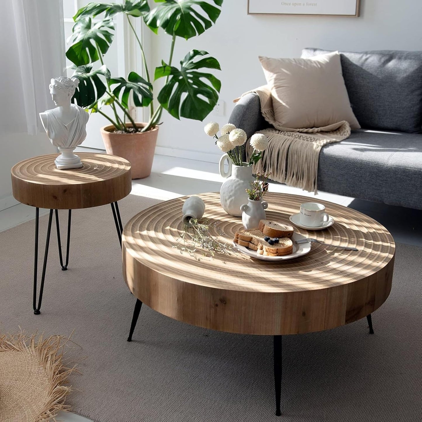 Two-Piece Modern Farmhouse Living Room Coffee Table Set, Round Nesting Tables