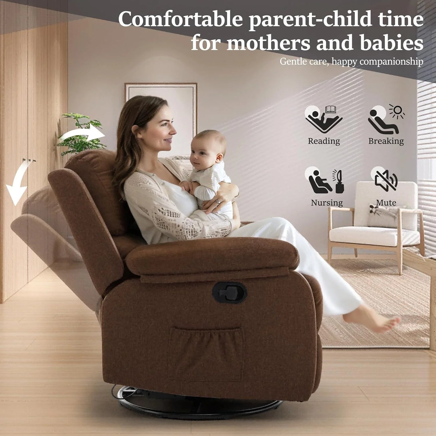Reclining rocking chair 360 degree rotating fabric sliding reclining chair