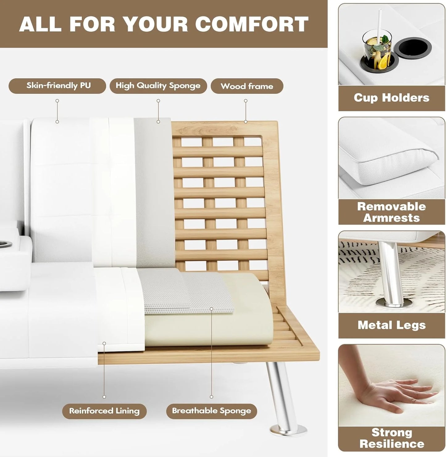 Homall Futon Sofa Bed, Leather Futon Couch with Removable Armrests, Adjustable Recliner Sleeper Sofa Bed with Dual Cup Holders for Living Room, Apartment