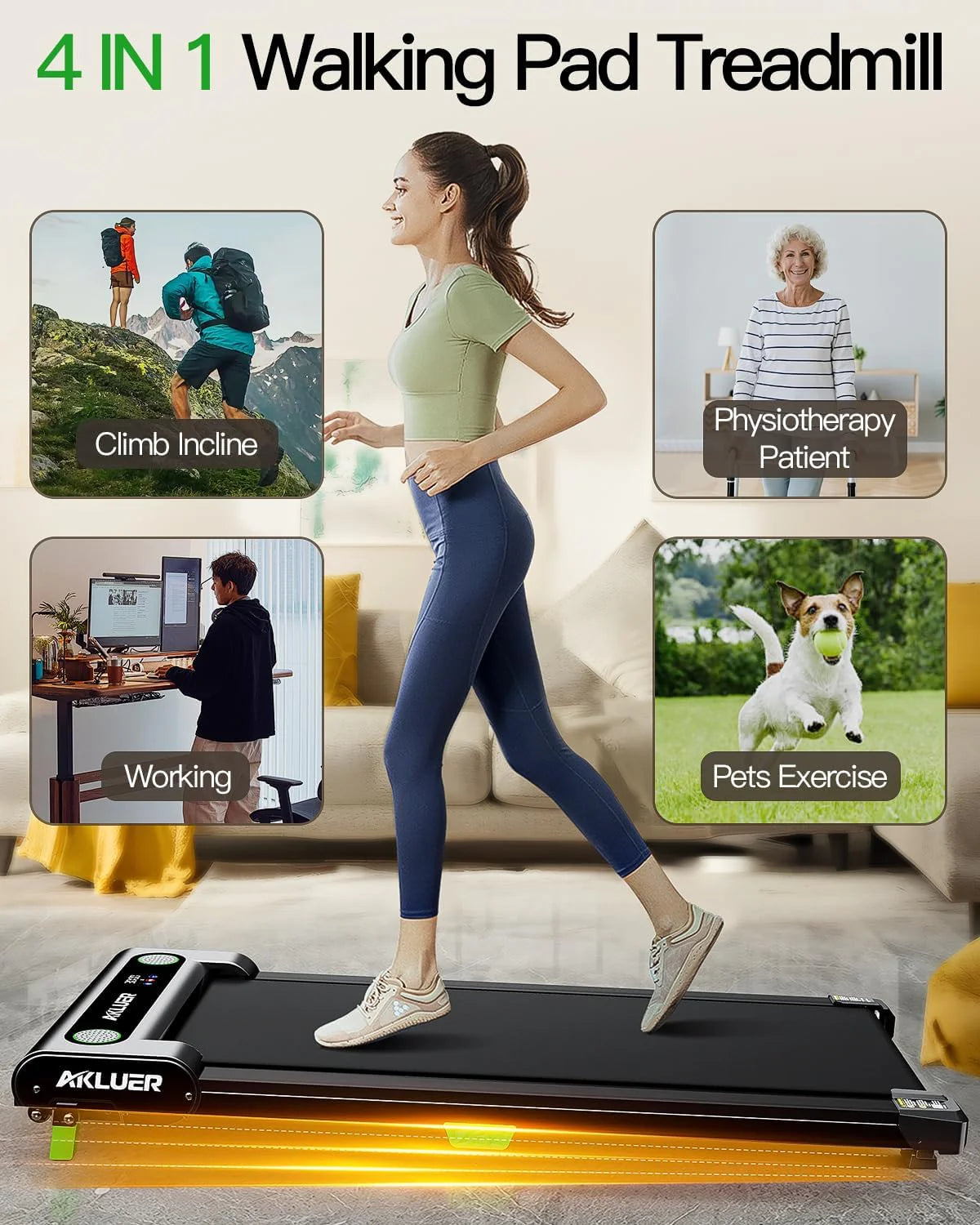 Akluer Inclined Home Treadmill 2.5 HP Small Under-Desk Treadmill with Remote Control and LED Display