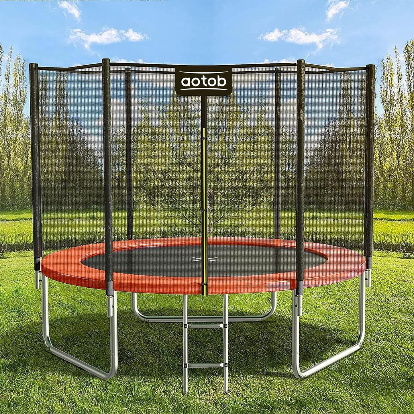 AOTOB 8FT 10FT 12FT 14 FT 15FT Trampoline with Safety Enclosure Net，Outdoor Trampoline with Basketball Hoop, Heavy Duty Jumping Mat and Spring Cover Padding for Kids and Adults, Storage Bag and Ladder