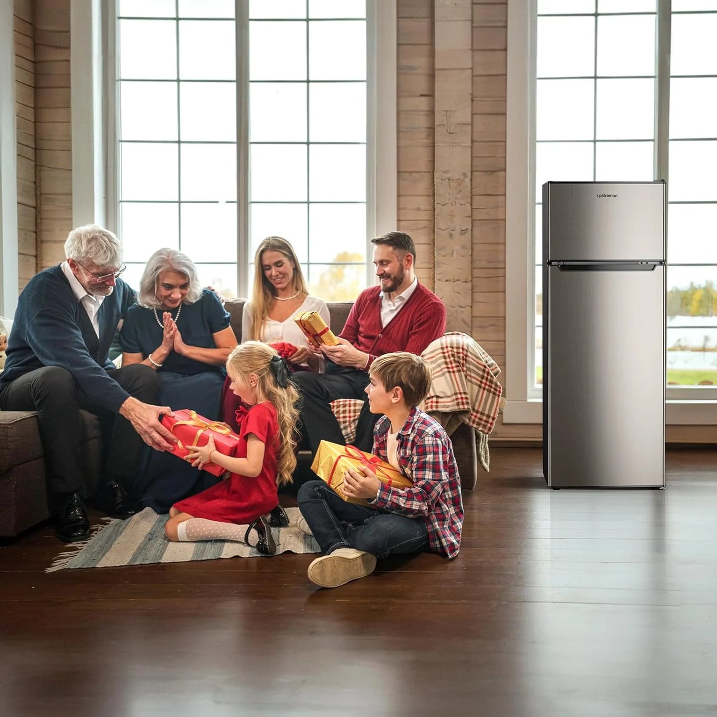 Upstreman 7.7 Cu.Ft. Refrigerator with Freezer, Double Door, Adjustable Thermostat, Large Capacity, Reversible Door Swing, Refrigerator for Apartment, Office, Dorm, Stainless (BD75)