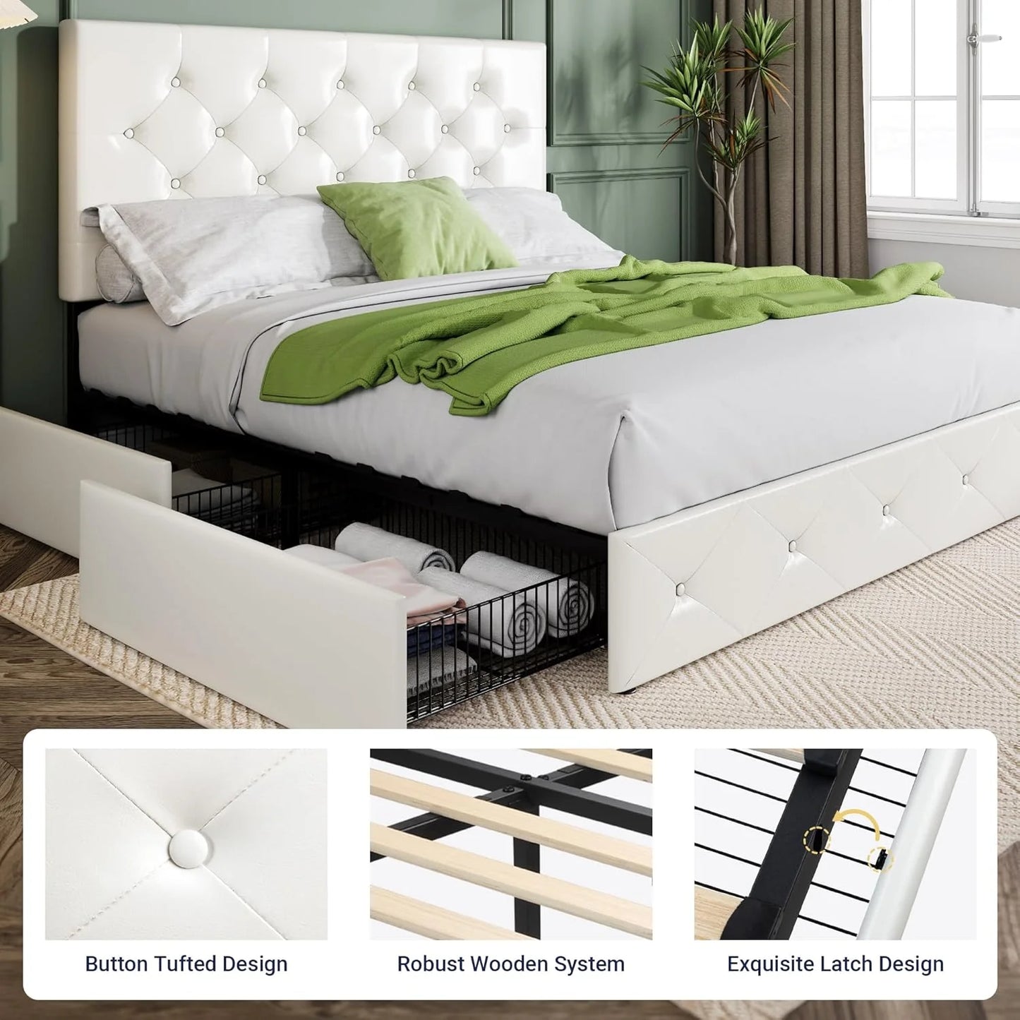 Allewie Upholstered Queen Size Platform Bed Frame with 4 Storage Drawers and Headboard, Square Stitched Button Tufted, Mattress Foundation with Wooden Slats Support, No Box Spring Needed