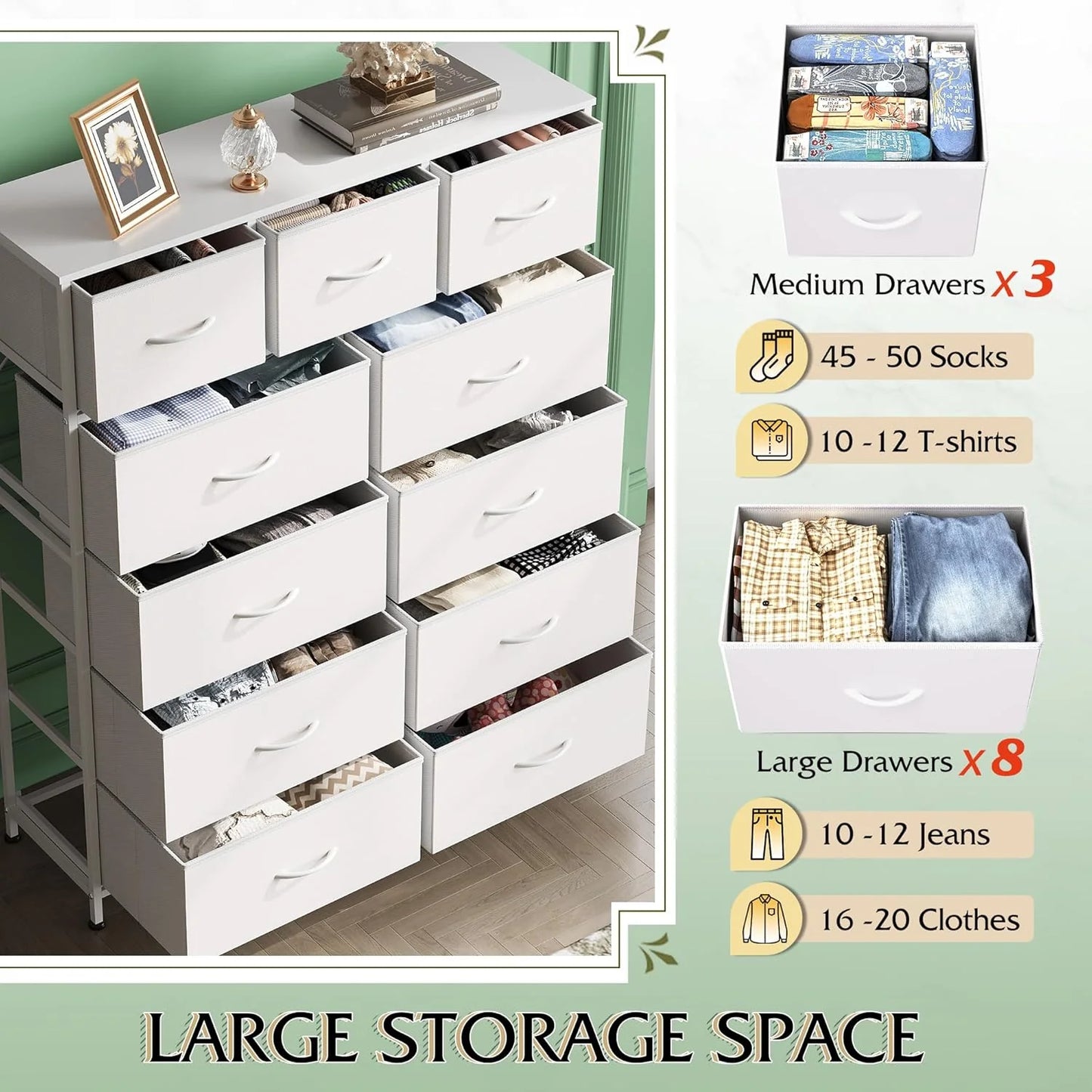 Storage Organizer Unit with 11 Fabric Bins, Storage Drawers Organizer with Steel Frame, Tall Storage Tower Organizaton