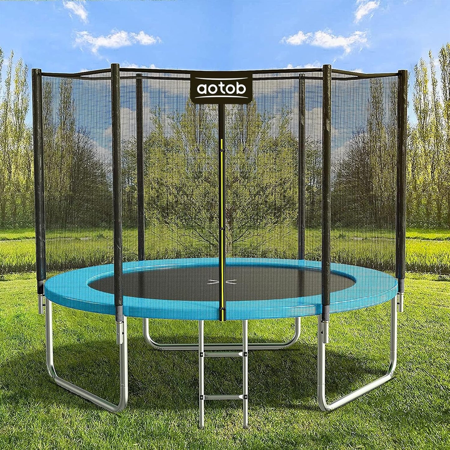 AOTOB 8FT 10FT 12FT 14 FT 15FT Trampoline with Safety Enclosure Net，Outdoor Trampoline with Basketball Hoop, Heavy Duty Jumping Mat and Spring Cover Padding for Kids and Adults, Storage Bag and Ladder