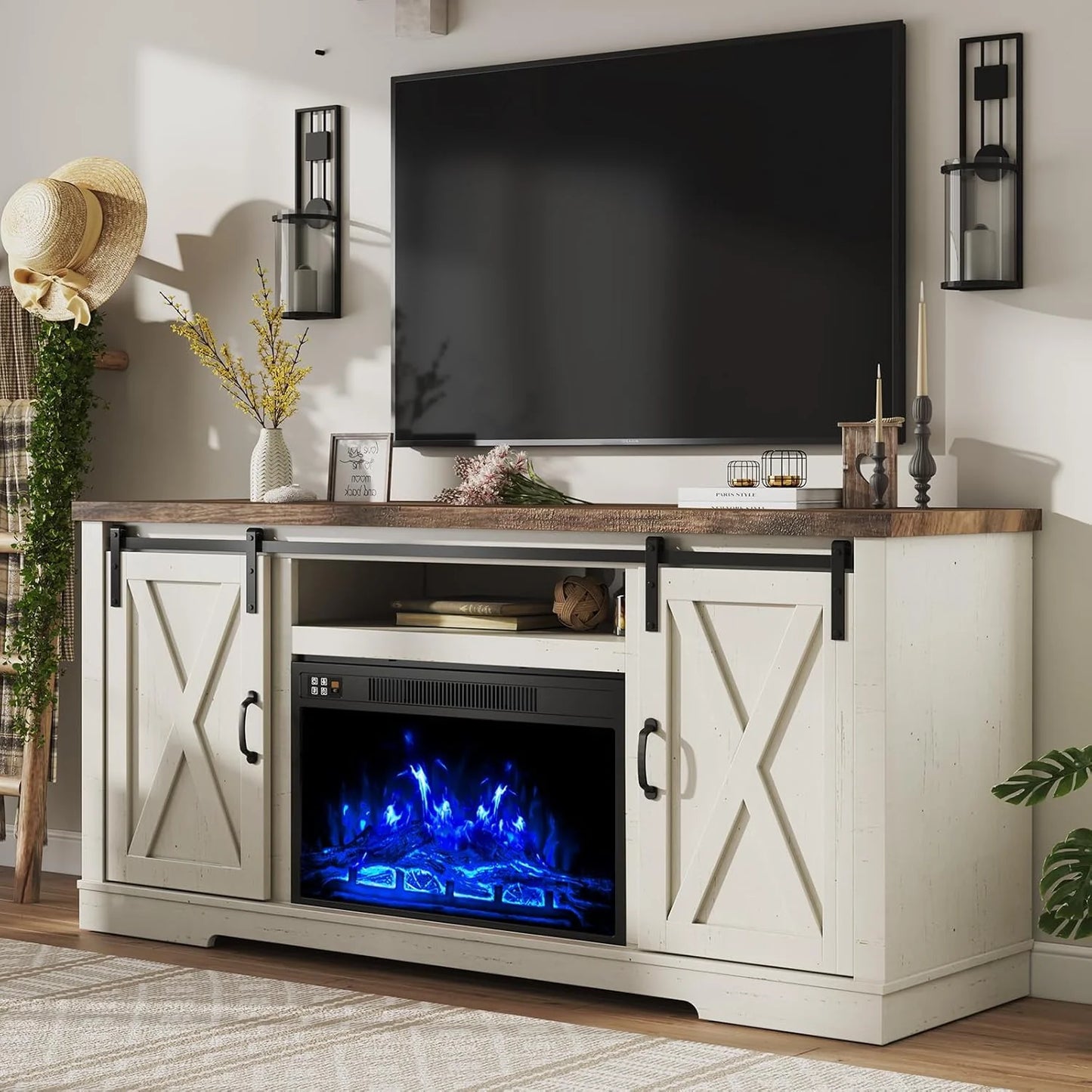 AMERLIFE Fireplace TV Stand with Sliding Barn Door for TVs up to 73", Farmhouse 63" Fireplace Entertainment Center with Storage Cabinets/Adjustable Shelves