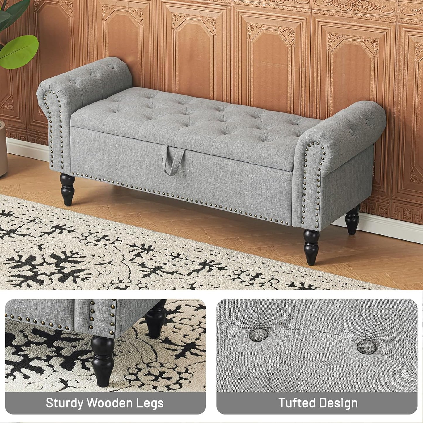 Furniliving Modern Storage Ottoman Bench, Sherpa Ottoman End of Bed Bench with Solid Wood Legs Upholstered Ottoman Benches with Storage Indoor Bench