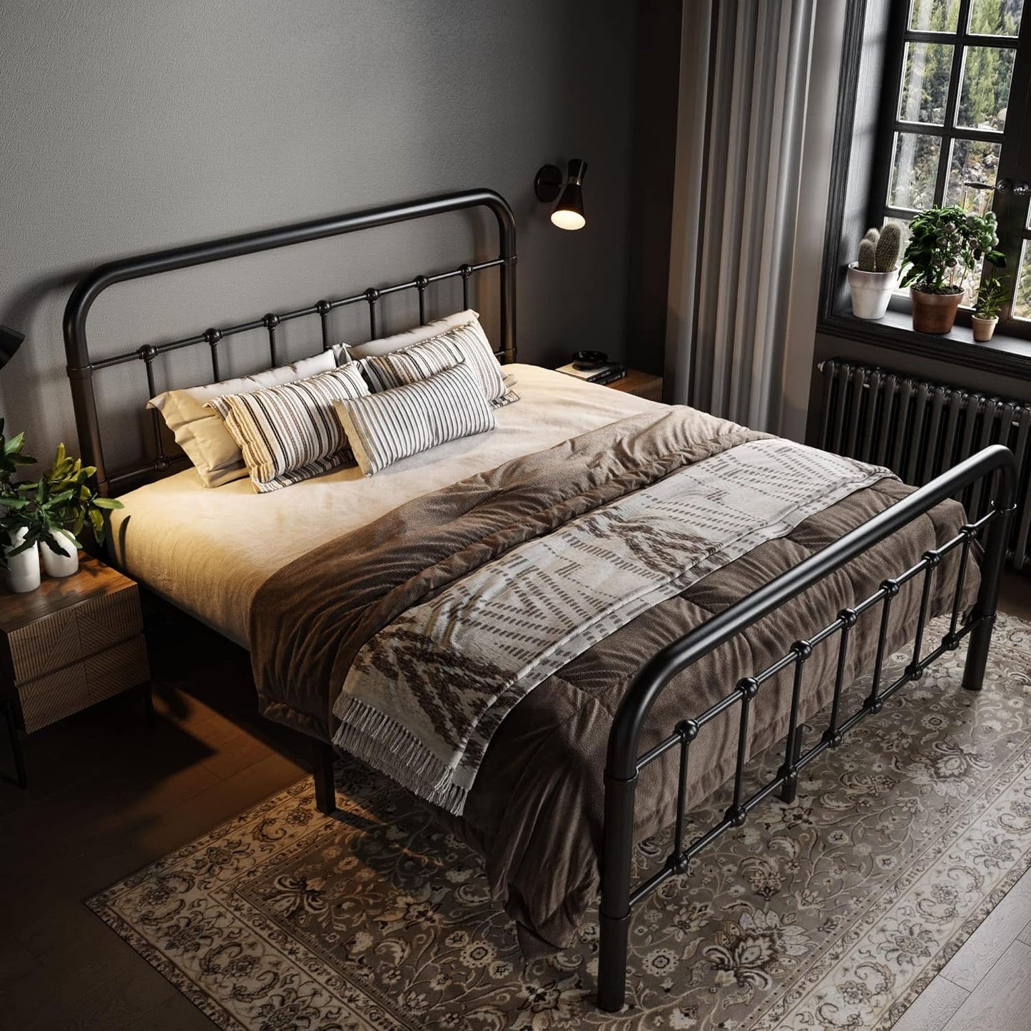 Allewie Queen Size Metal Platform Bed Frame with Victorian Style Wrought Iron-Art Headboard/Footboard, No Box Spring Required