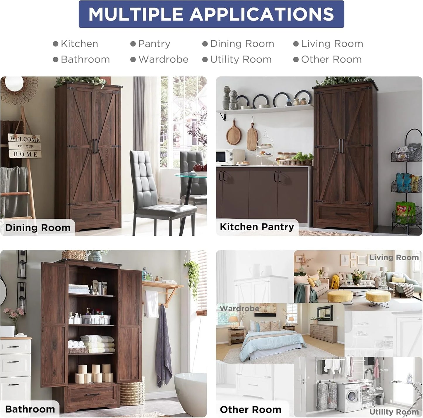 JXQTLINGMU Farmhouse Kitchen Pantry - 72" Tall Wood Kitchen Storage Cabinet with Adjustable Shelves and 2 Barn-Style Doors and Drawers