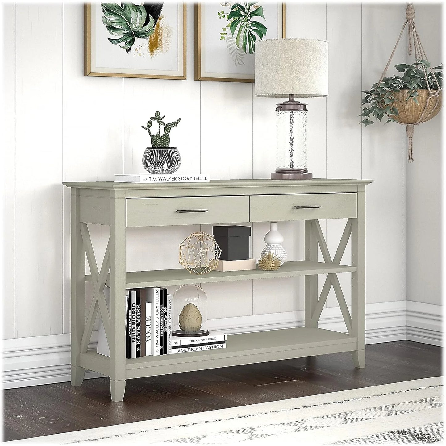 Key West Console Table with Drawers and Shelves in Linen White Oak