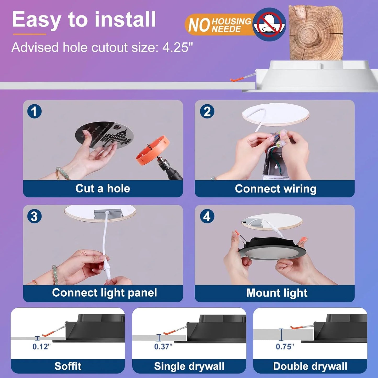 Smart Recessed Lighting 4" RGBCW Color Changing 12W LED Downlight with Junction Box